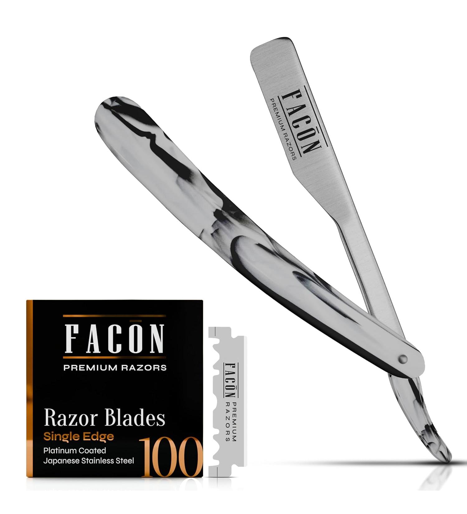 Facn Professional Marble Straight Edge Barber Razor | 100 Blades Included | Salon Quality Cut Throat Shavette - Buy Online on GoSupps.com