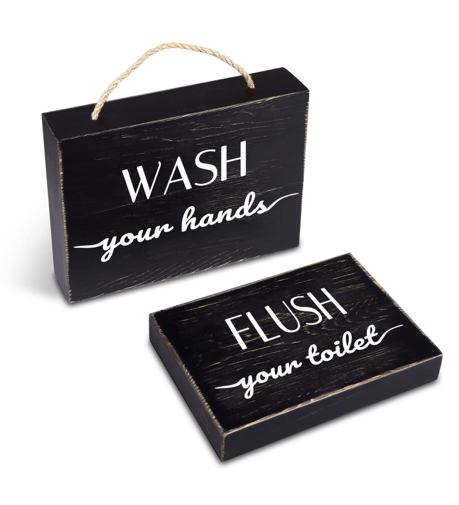 Set of 2 Black Farmhouse Bathroom Signs - Wash Hand & Flush Toilet Plaques for Rustic Wood Decor - Buy Online on GoSupps.com