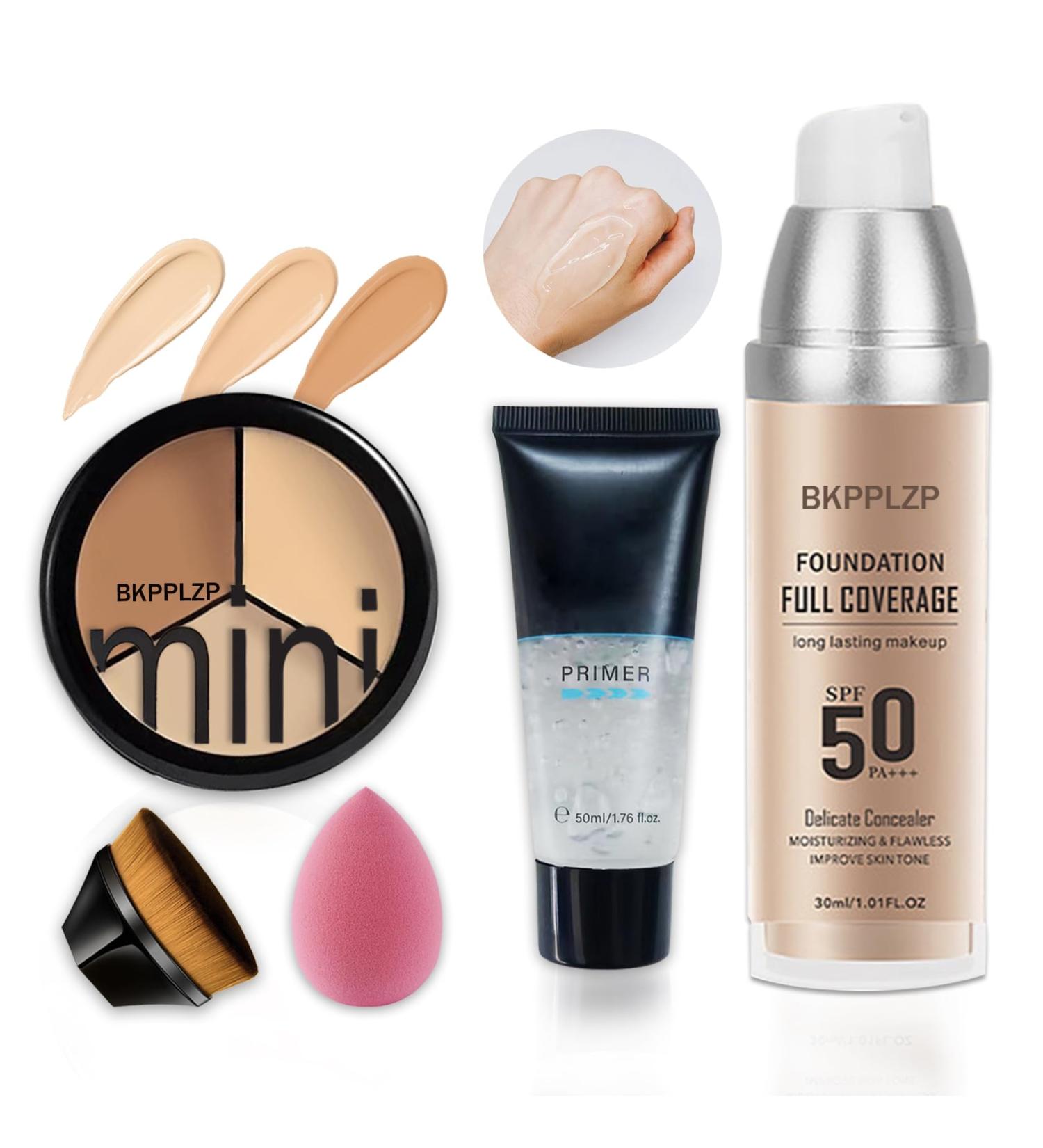 Full Coverage Creamy Concealer Liquid Foundation Set 3 Colors Corrector Palette Face Moisturizer Primer Powder Makeup Kit with Foundation Makeup Brush & Makeup Sponge - Buy Online on GoSupps.com