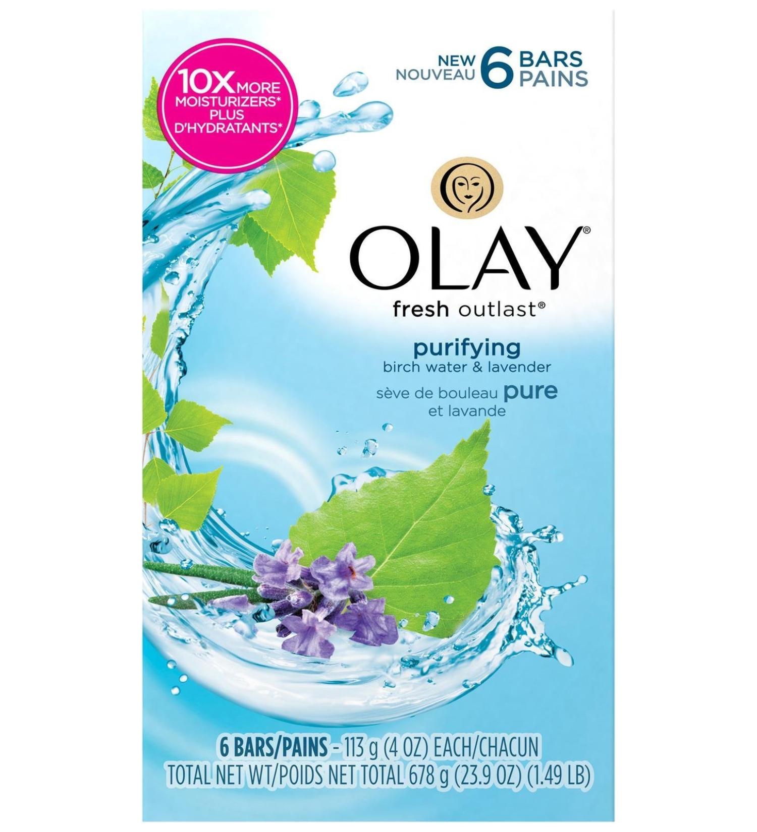Olay Fresh Outlast Purifying Birch Water & Lavender Beauty Bar 6 Count 4 Ounce
