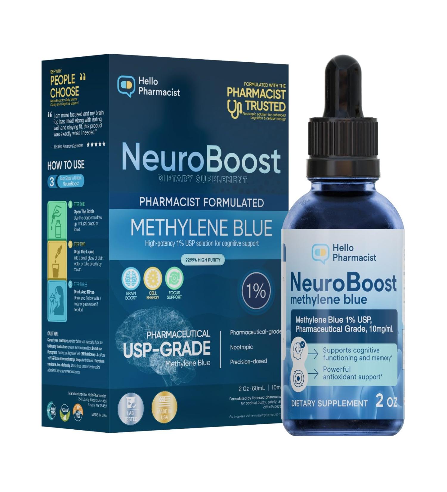 HelloPharmacist Neuroboost Methylene Blue Pharmaceutical Grade Supplement 1% Pharmacist Formulated - USP Grade Lab Certified for Humans | Support for Brain Fog, Focus, Memory, Energy | 2 oz - Buy Online on GoSupps.com