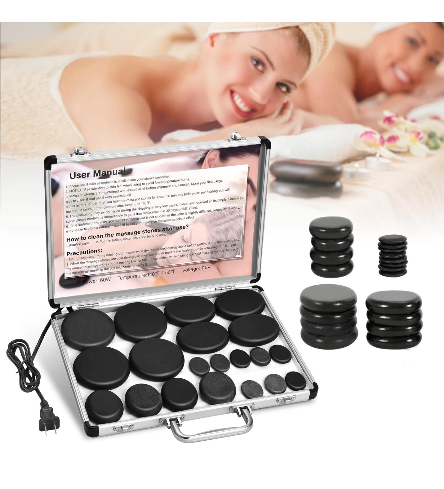 20-Piece Hot Rocks Massage Kit with Portable Warmer - Basalt Stones for Spa Therapy Massage - Buy Online on GoSupps.com