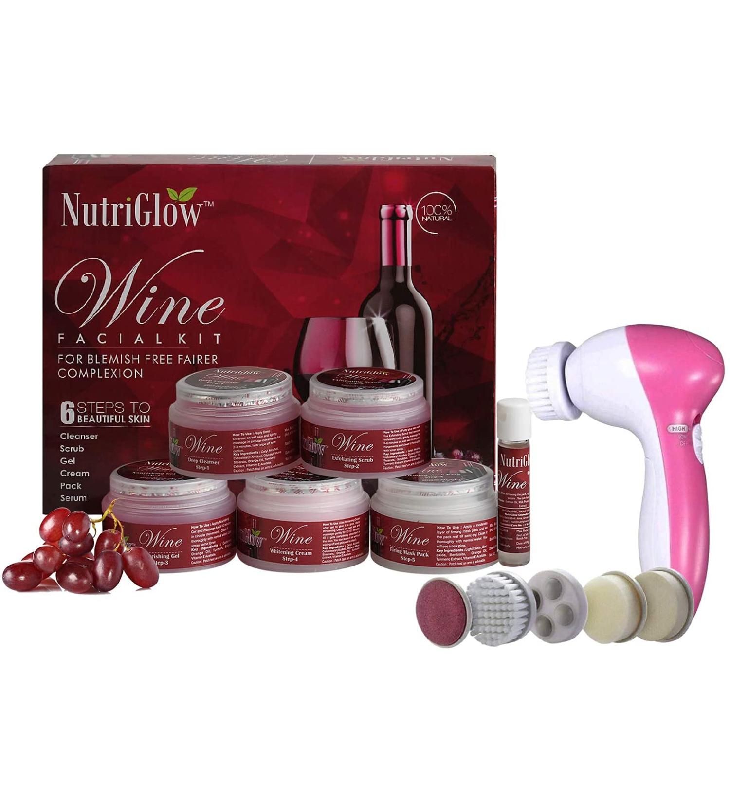 NutriGlow Wine Facial Kit - Instant Glowing Skin & Portable Massager | Hydrate Brighten & Nourish | All Skin Types | 260 gm - Buy Online on GoSupps.com