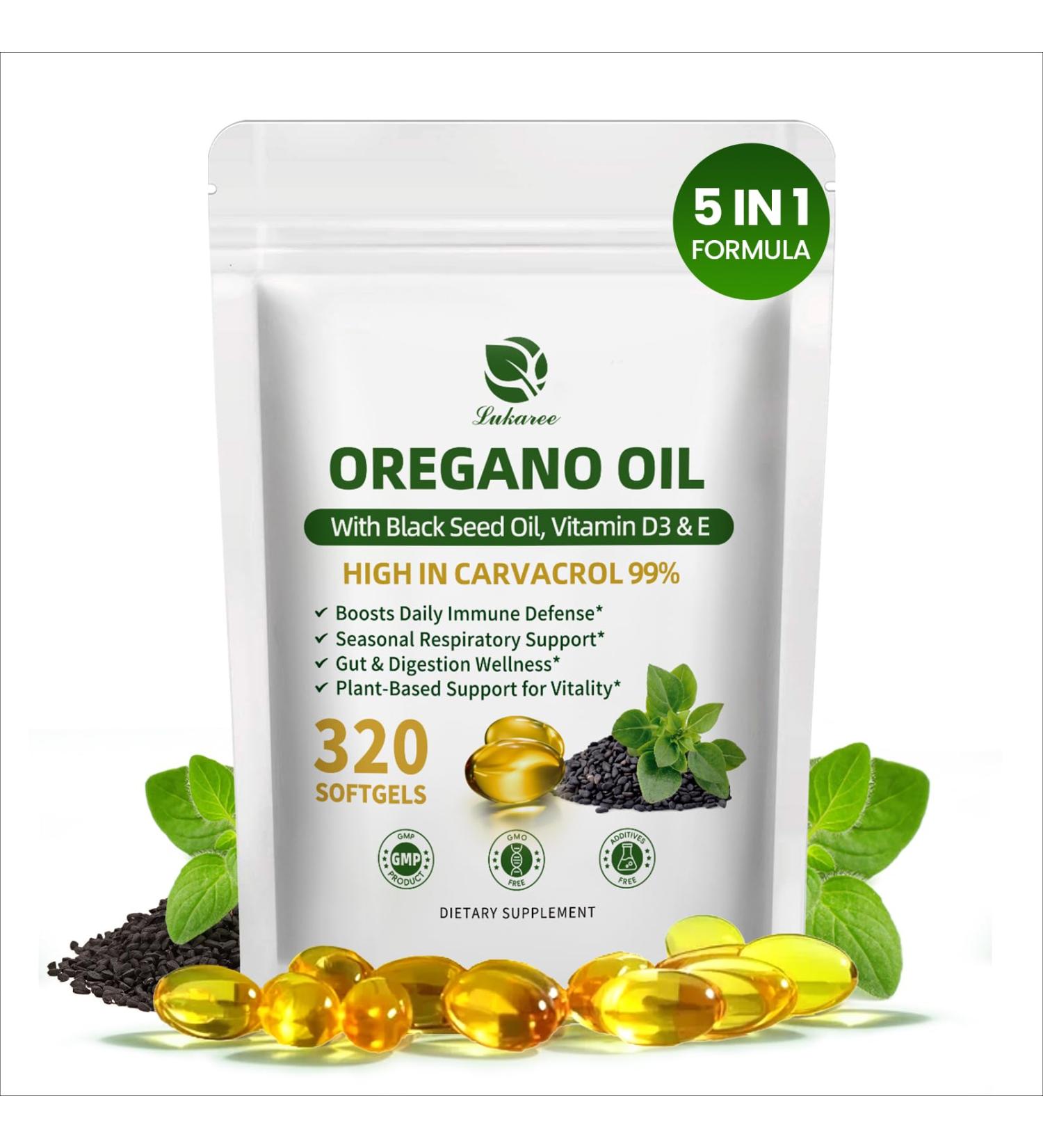 5-IN-1 Oil of Oregano with Black Seed Oil, 99% Carvacrol | Thymoquinone 320 Count Organic Oregano Oil Capsules , Vitamin D3/E/Black Pepper for Absorption, Supports Immune/Gut/Respiratory, Non-GMO 320 Count (Pack of 1) - Buy Online on GoSupps.com