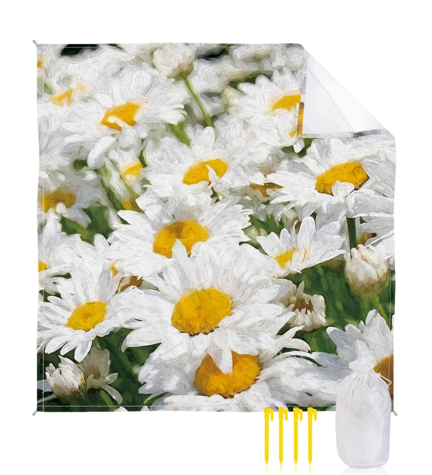 Watercolor Daisy Flowers Beach Blanket - Extra Large 95x80in, Waterproof & Sandproof Picnic Blanket for Outdoor Adventures - Lightweight & Portable - White Farm Floral Design - Buy Online on GoSupps.com
