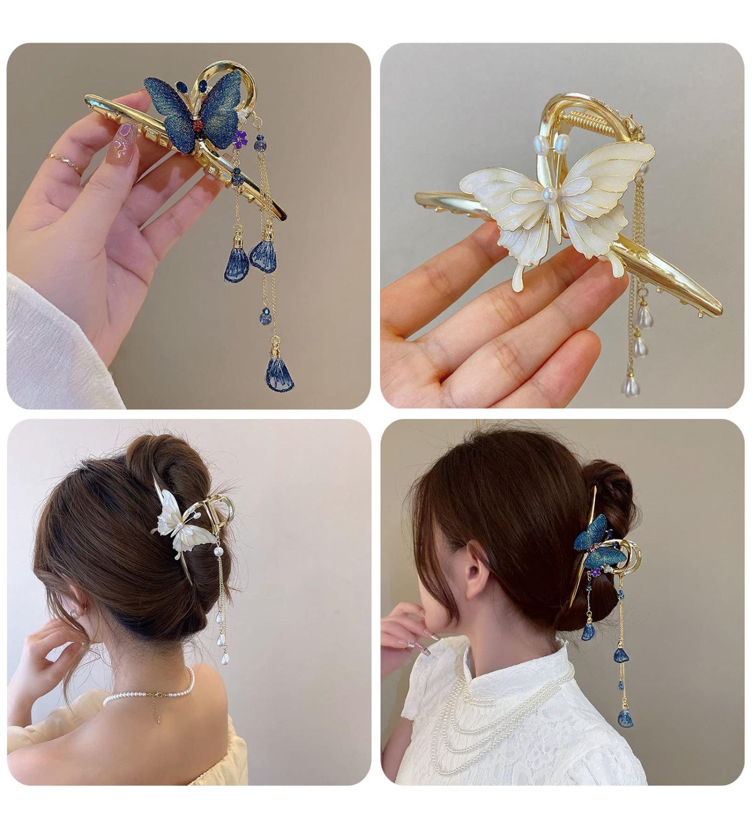 2pcs Metal Butterfly Headdress Hair Clips - Large Flower Tassel Claw Clip Set - Buy Online on GoSupps.com