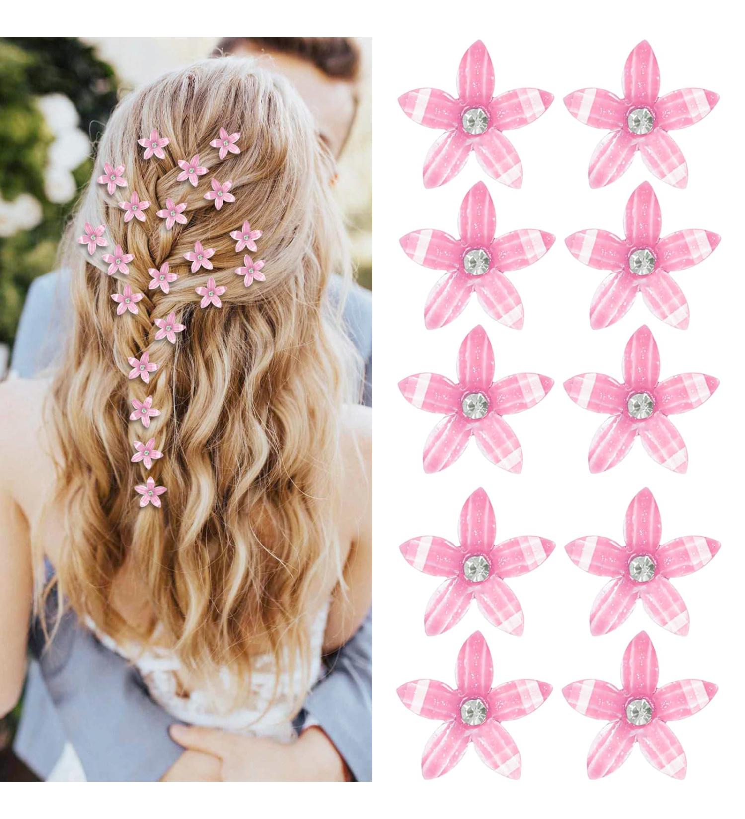 Mezrkuwr 10-Piece Pink Small Flower Hair Clips | Mini Rhinestone Hair Accessories for Women & Girls | Bridal & Wedding Decorative Hair Pins - Buy Online on GoSupps.com
