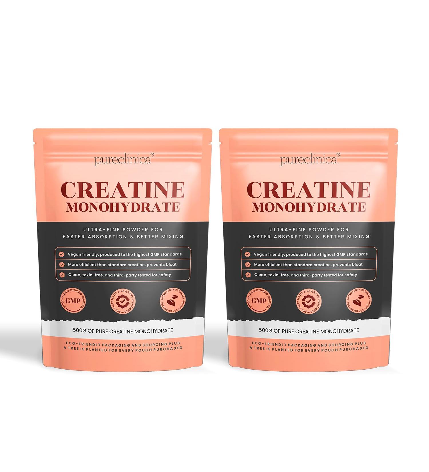Pureclinica Creatine monohydrate powder 1000 g 2 x 500 g supply 200 days ultrafine tasteless vegan no buildup fast absorption GMP certified 500g 2er Pack - Buy Online on GoSupps.com