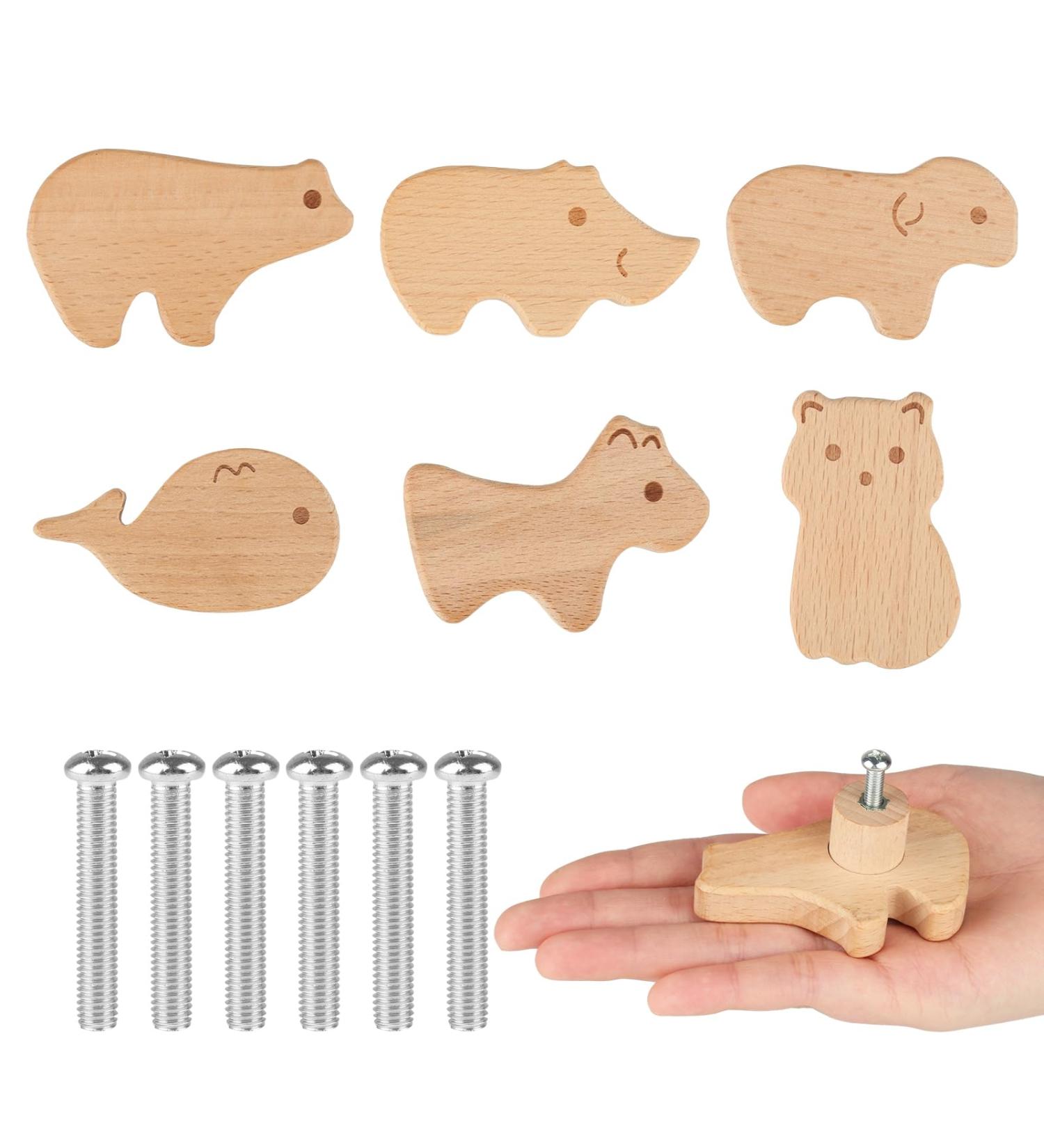 Rickwayy 6-Piece Wooden Cabinet Handles | Animal-Themed Furniture Buttons for Cupboards & Drawers | Ideal for Children's Rooms | Includes Screws - Buy Online on GoSupps.com