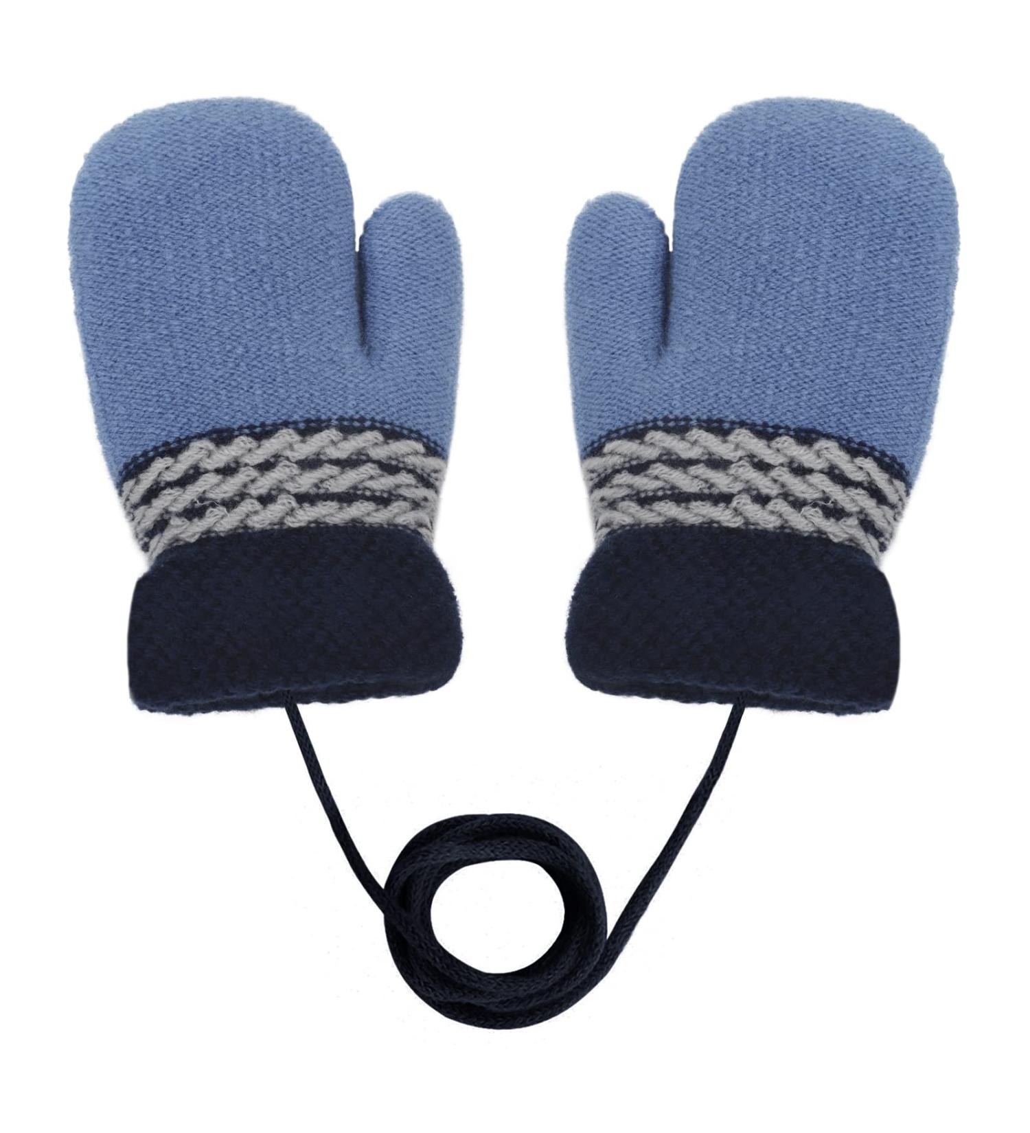 Kids Winter Warm Knitted Gloves with String for 1-3Yrs - Blue/Navy Blue - Buy Online on GoSupps.com
