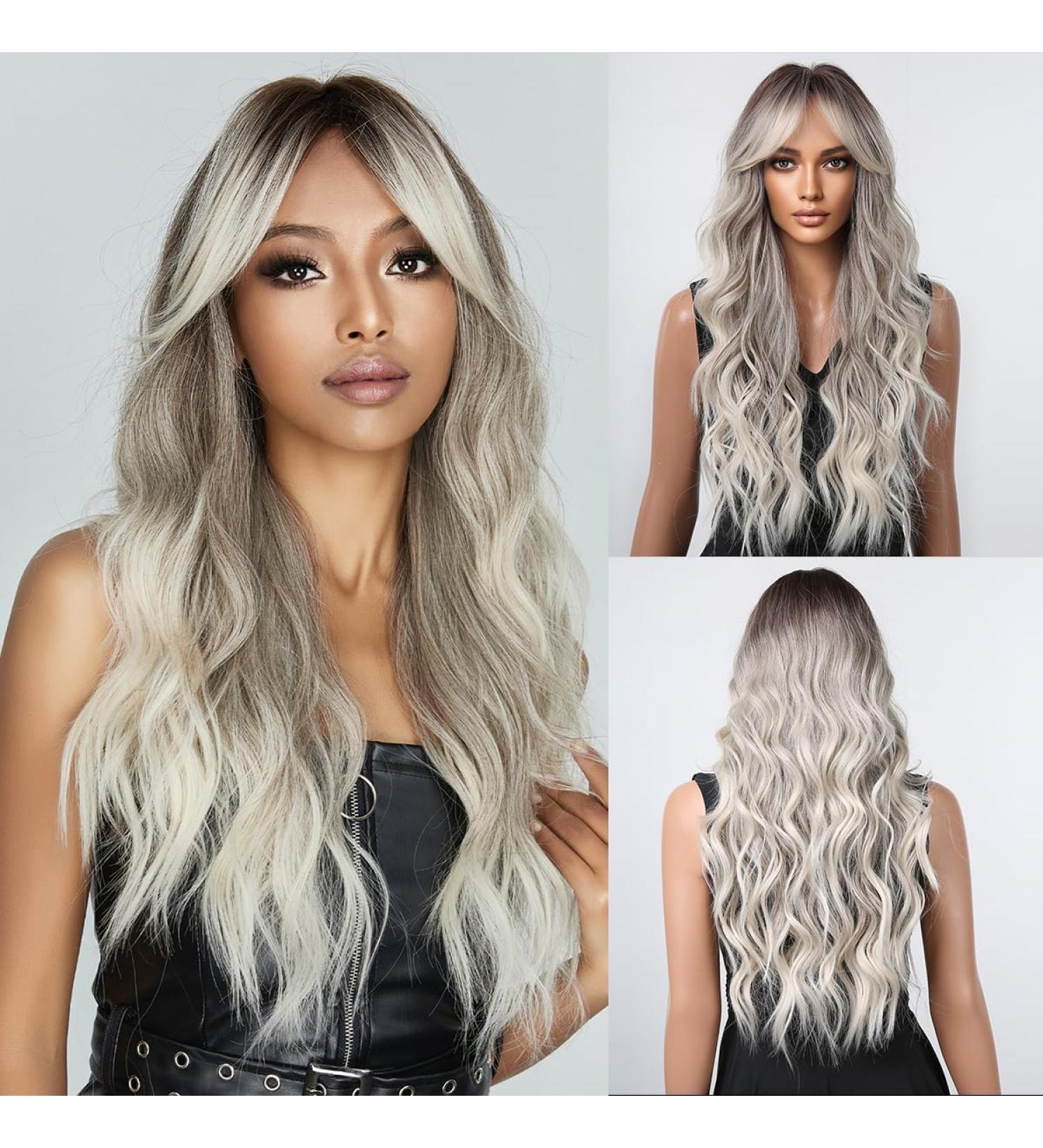 Testar Gray Wigs for Black Women - Long Ombre Brown Gray Curls with Bangs | Heat-Resistant Synthetic Wigs for Daily Wear - Buy Online on GoSupps.com