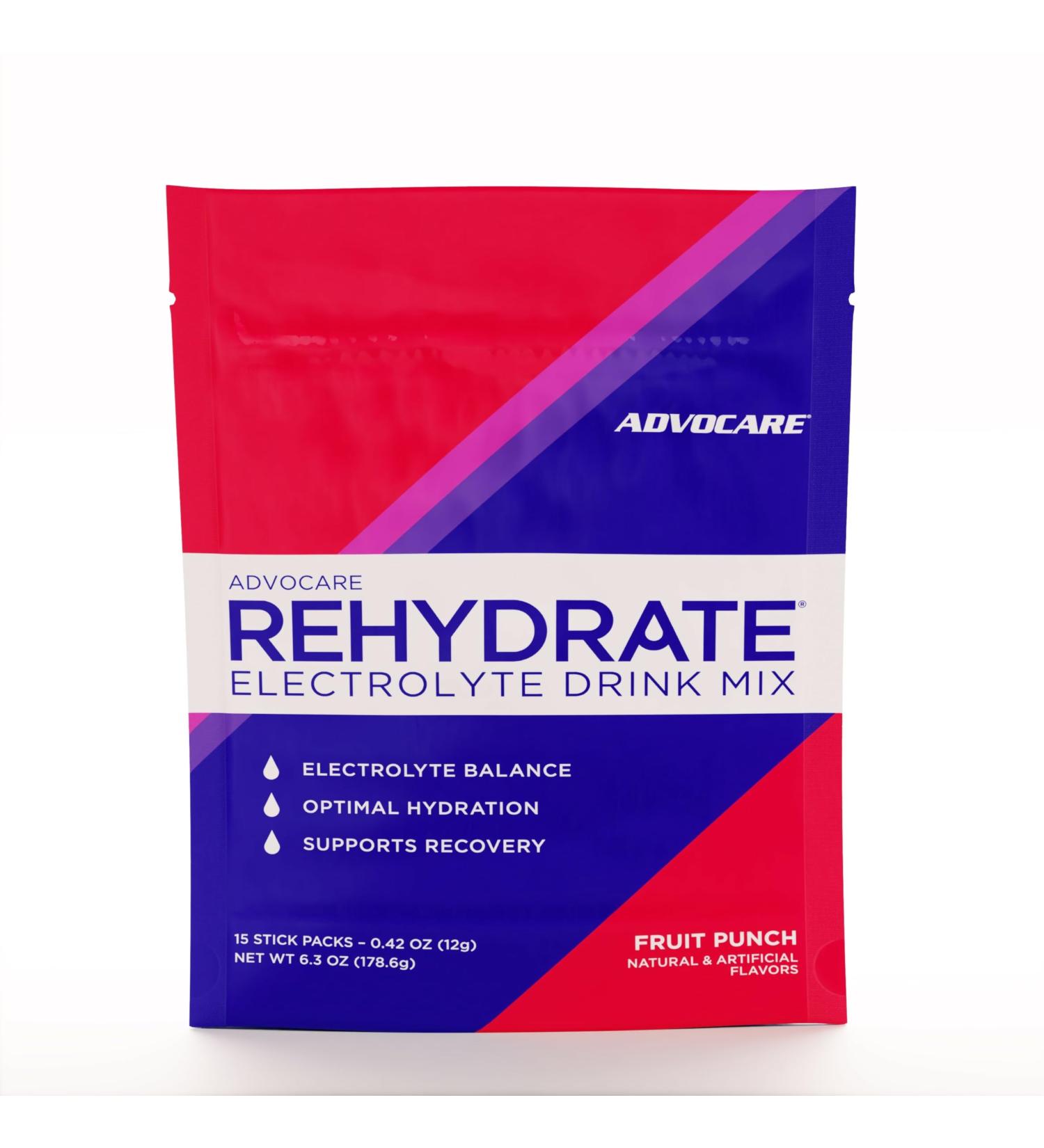 AdvoCare Rehydrate - Electrolyte Drink Mix - Includes Magnesium Sodium Potassium & Calcium - Antioxidant & Amino Acid Fortified - Hydration & Recovery - Fruit Punch 15 Stick Packs (6.3 oz) - Buy Online on GoSupps.com