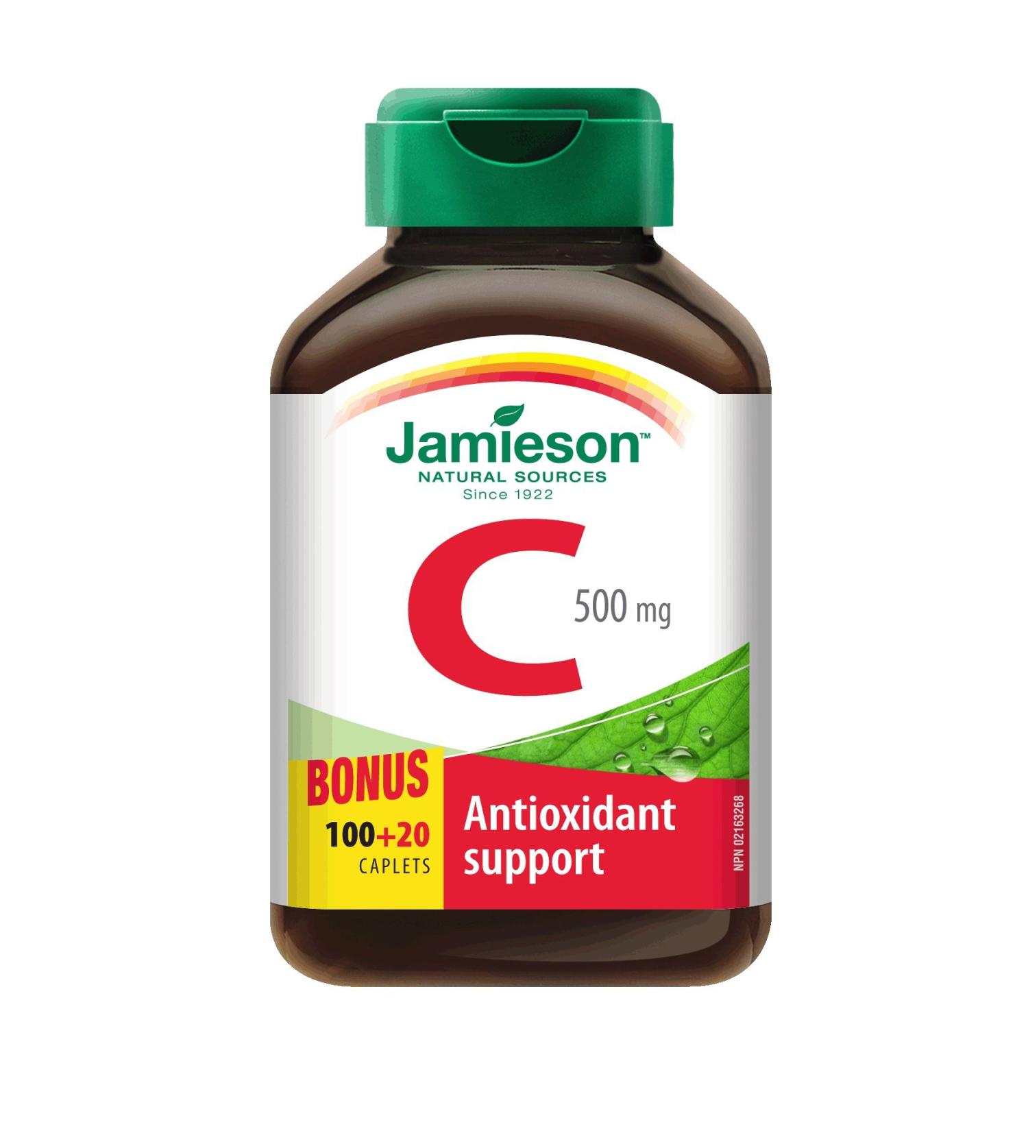 Jamieson Vitamin C 500mg Bonus Size 100+20 Caplets - Antioxidant Support