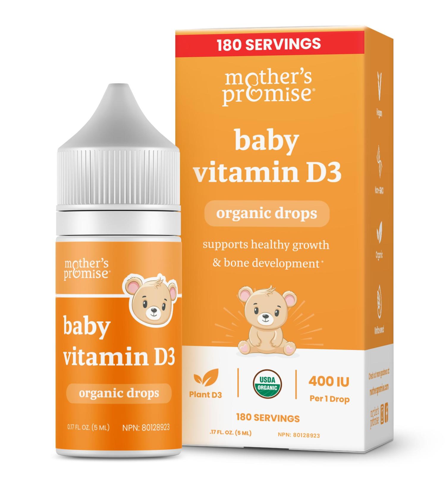 Mother's Promise Organic Baby Vitamin D Drops | 100% Plant Based | Healthy Growth & Bone Development | Age Newborn+ | 180 Servings | Baby Vitamin D3 Liquid for Infants & Toddlers | 400 IU for Babies 0.17 Fl Oz (Pack of 1) - Buy Online on GoSupps.com