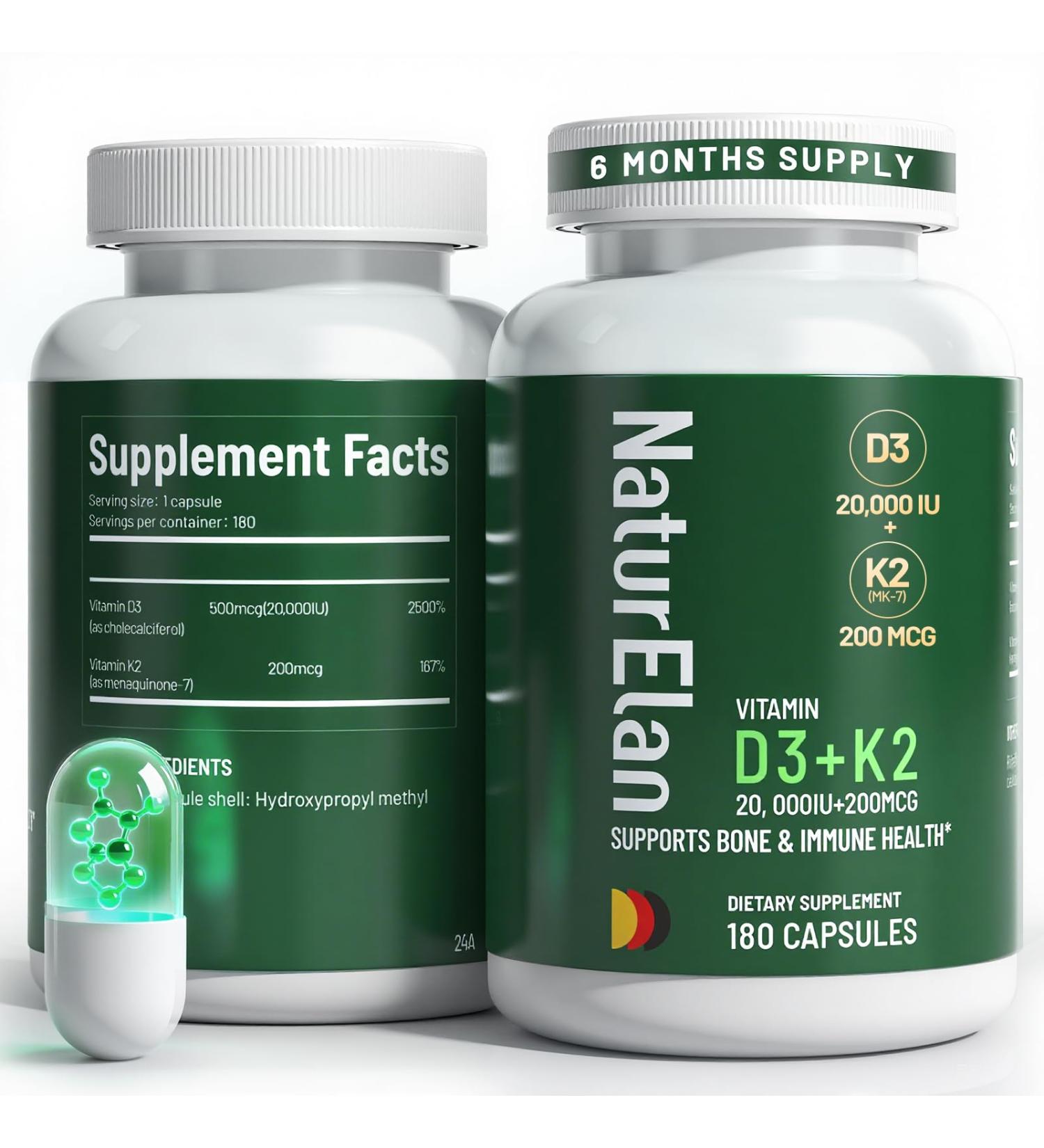 Vitamin D3 K2 - 20 000 IU D3 + 200mcg K2(MK-7) 180 Capsules Supports Bone Immune Heart & Teeth Health Third-Party Tested Vegan Non-GMO Gluten Free K2 D3 Vitamin Supplement for Men & Women - Buy Online on GoSupps.com