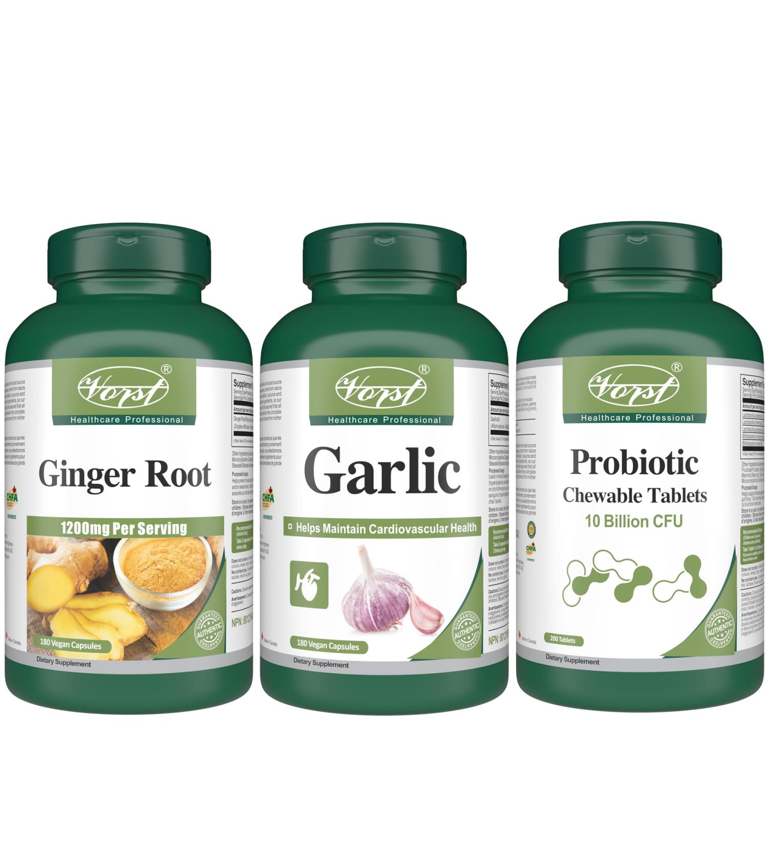 VORST Ginger Root 180 Vegan Capsules and Garlic 180 Vegan Capsules and Probiotic 10 Billion 200 Chewable Tablets | Digestive Health Supplements | (Combo Bundle 3 Bottles) - Buy Online on GoSupps.com