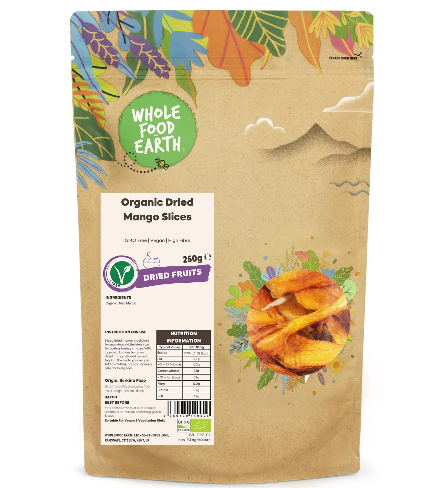 Wholefood Earth Organic Dried Mango Slices 250g - GMO Free, Vegan, High Fibre - Buy Online on GoSupps.com