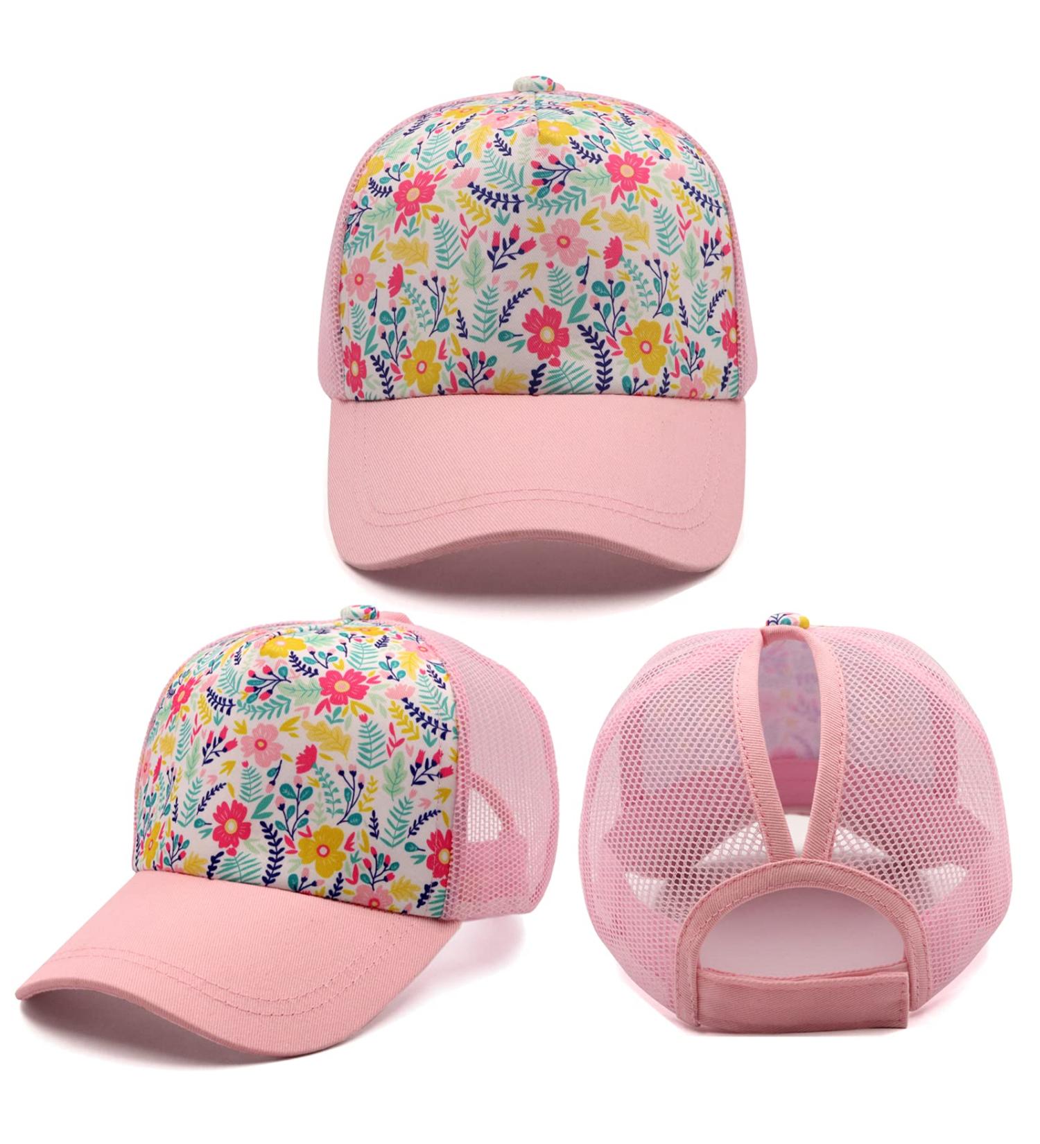 Girls Pony Hat - Distressed High Ponytail Messy Bun Baseball Cap for Kids (4-10 years) - Pink Floral Sun Protection Trucker Hat - Buy Online on GoSupps.com