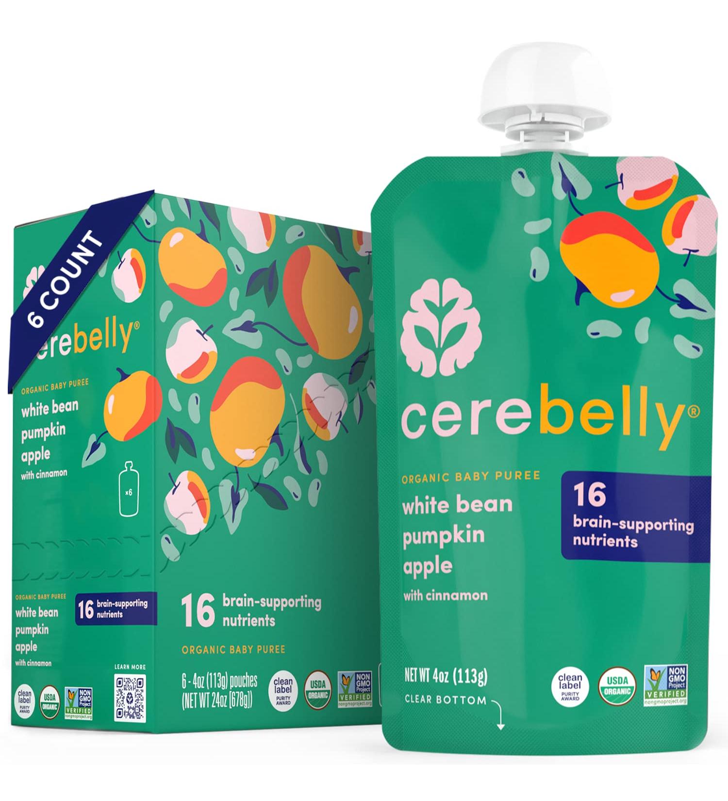Cerebelly Baby Food Pouches White Bean Pumpkin Apple 4 oz - Pack of 6 | Toddler Snacks with Brain-supporting Nutrients | Gluten-Free, BPA-Free, Non-GMO | Healthy Snacks for Babies & Toddlers - Buy Online on GoSupps.com