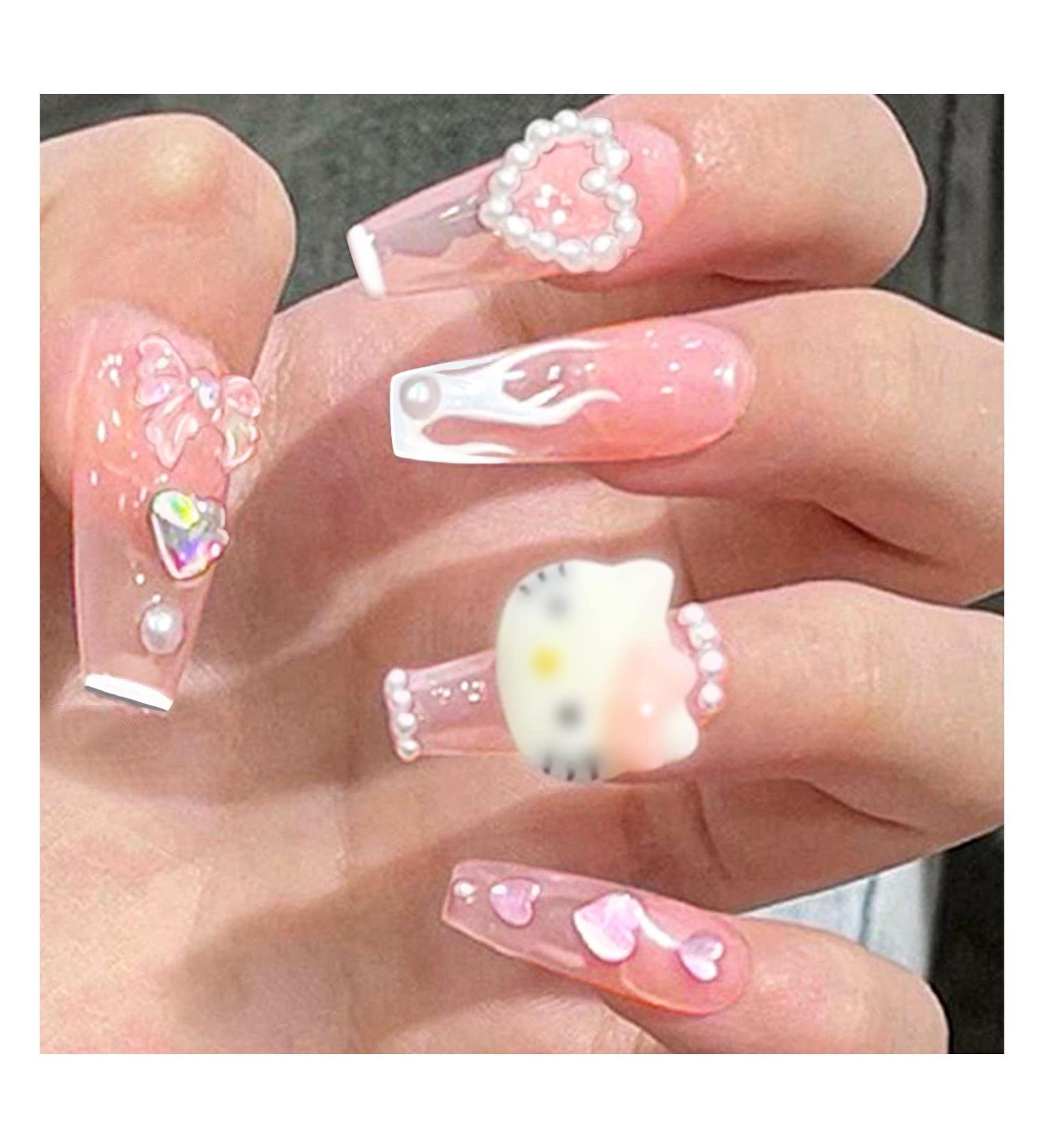 24Pcs Y2K Cute Kawaii French Flame Press on Nails Long Coffin Hot Pink False Nails with 3D Nail Charms - Acrylic Glue On Nails with Cartoon, Heart, Pearl, Bow, Glitter & Rhinestone Designs - Buy Online on GoSupps.com