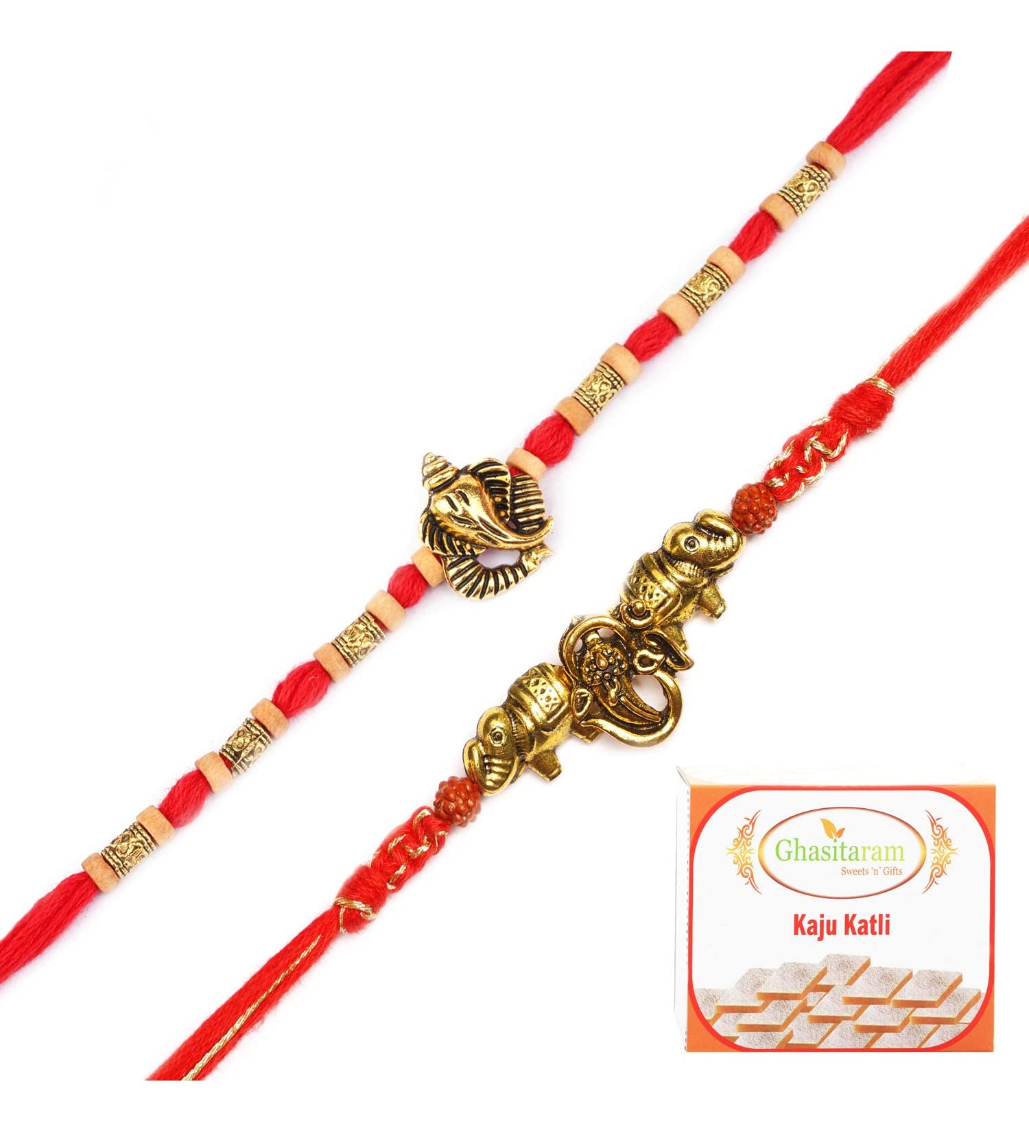 Ghasitaram Gifts Rakhi for Brother Rakhis Online - Set of 2 LD-9923 and LD-84 Om Ganesh Divine Rakhis with 200 GMS of Kaju katli - Buy Online on GoSupps.com