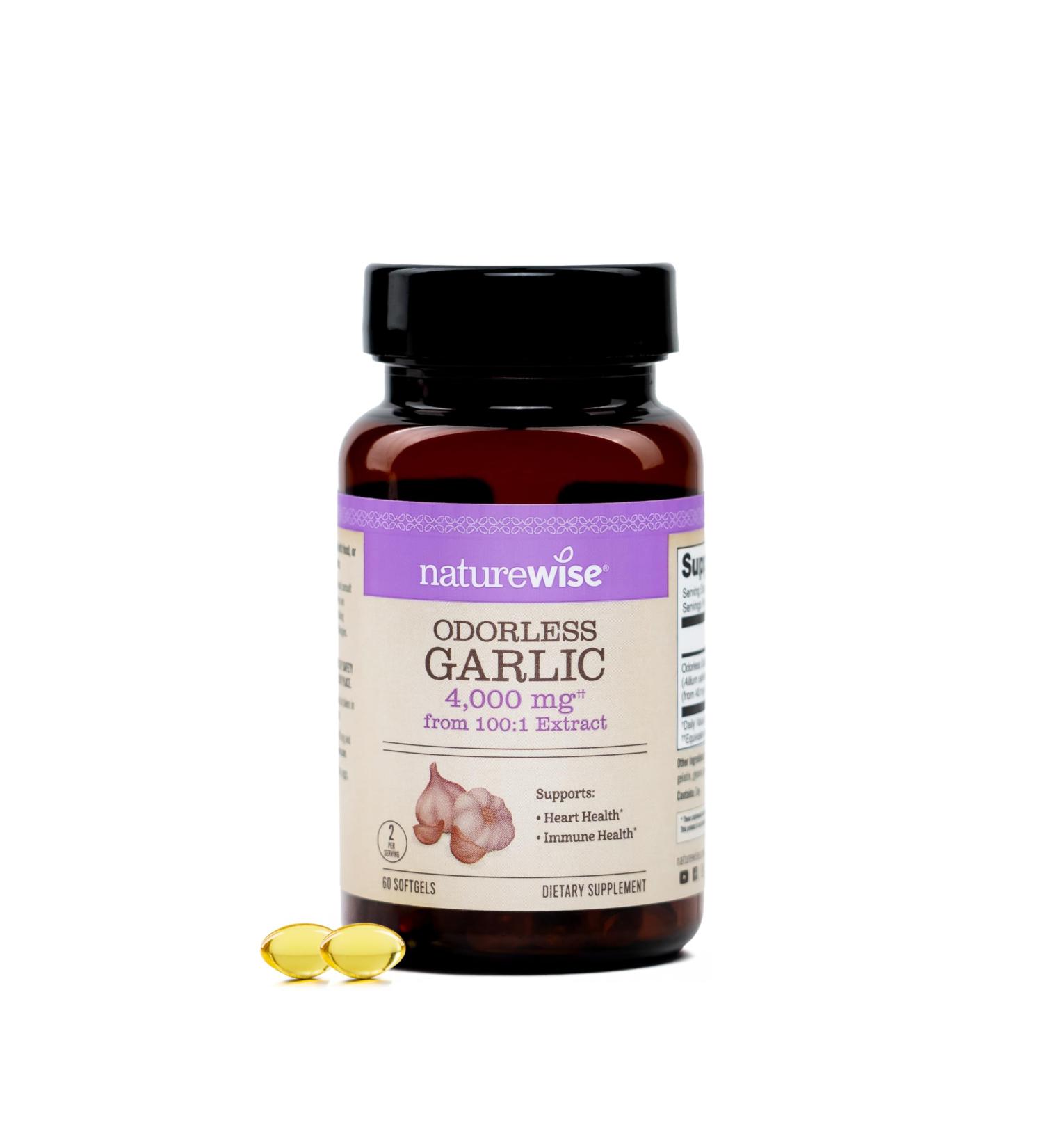 NatureWise Odorless Garlic Supplement 4000mg - Ultra Potent 100:1 Extract - Healthy Cholesterol Formula Heart Health Support - Non-GMO Gluten Free with Halal Gelatin - 60 Count 30-Day Supply 60 Count (Pack of 1) - Buy Online on GoSupps.com