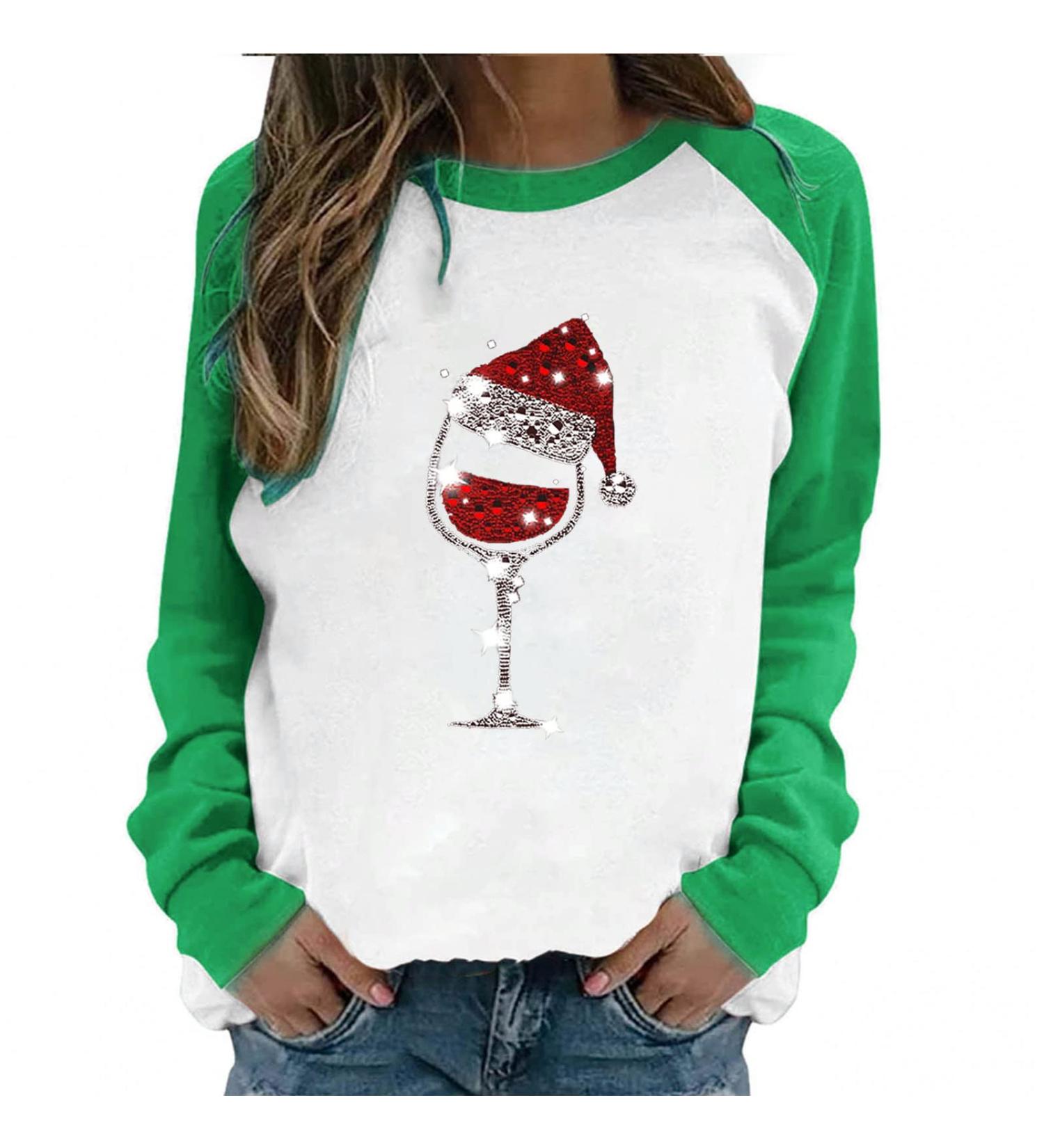 Christmas Red Wine Glass Graphic Long Sleeve Shirt for Women - Green, X-Large - Buy Online on GoSupps.com