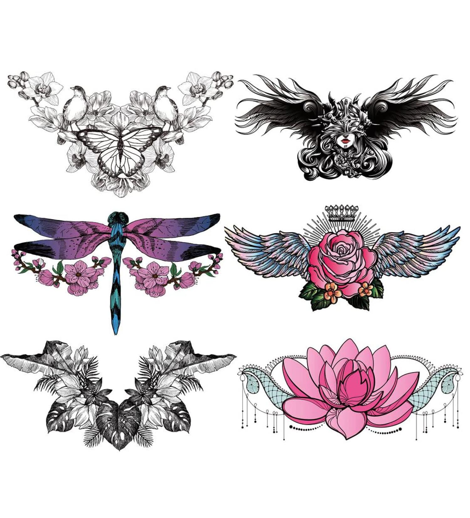 6 Sheets Temporary Chest Tattoos for Women - Dragonfly Butterfly Flower Wings Underboob & Sternum Tattoos - Realistic Long Lasting Waterproof Designs - Buy Online on GoSupps.com