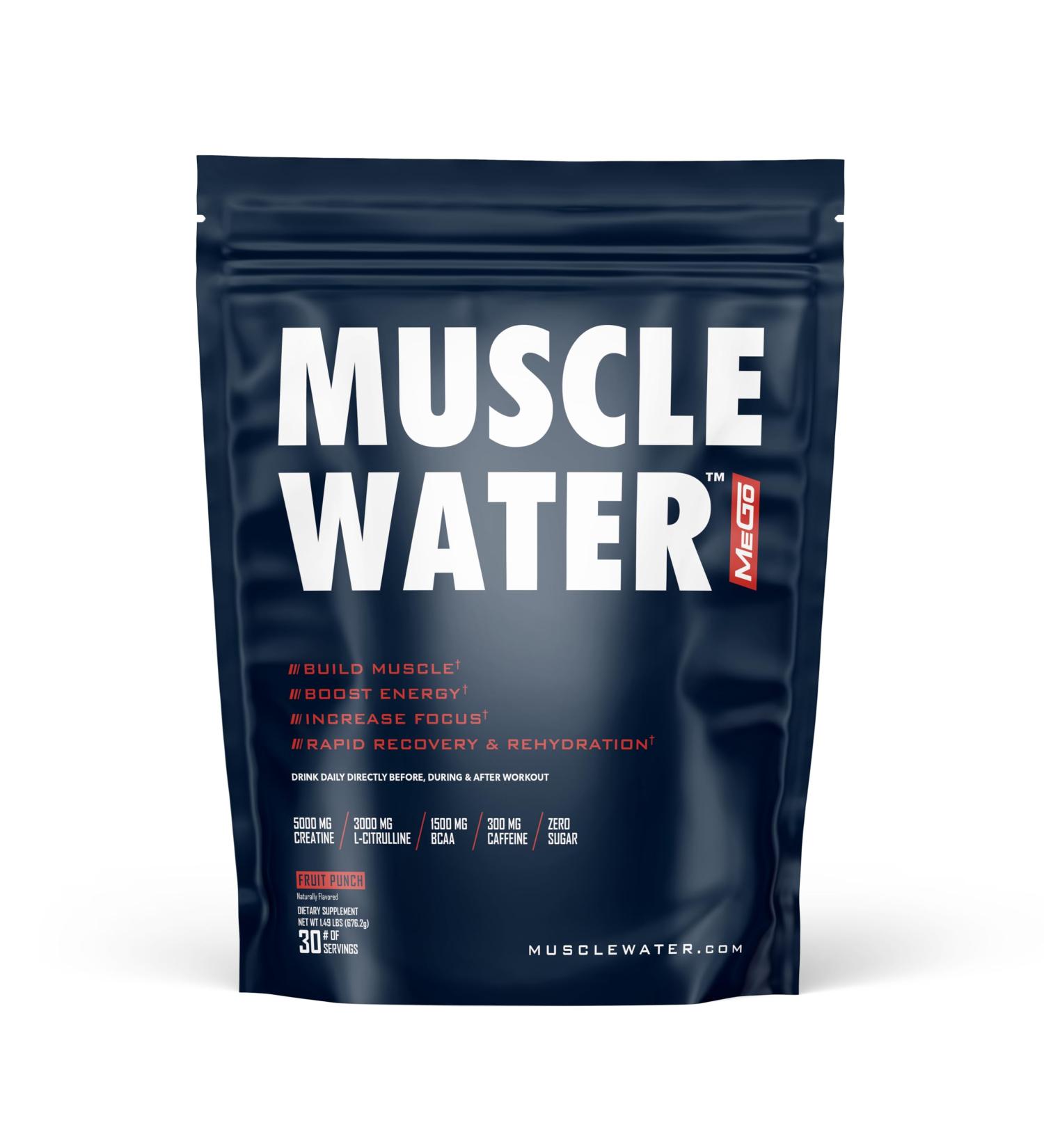 MUSCLE WATER Pre Workout Powder | Muscle + Pump + Energy | 20+ Supplements 0 Tubs | 5g Creatine + 300mg Caffeine | Sugar-Free | Fruit Punch | 30 Servings Fruit Punch 1.48 Pound (Pack of 1) - Buy Online on GoSupps.com