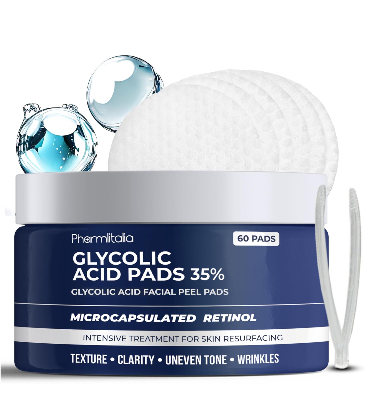 Glycolic Acid Resurfacing Pads - 35% Peel for Face Feet & Underarms | Exfoliate Dark Spots Acne & Wrinkles - 60 Pads for Smoother Skin - Buy Online on GoSupps.com