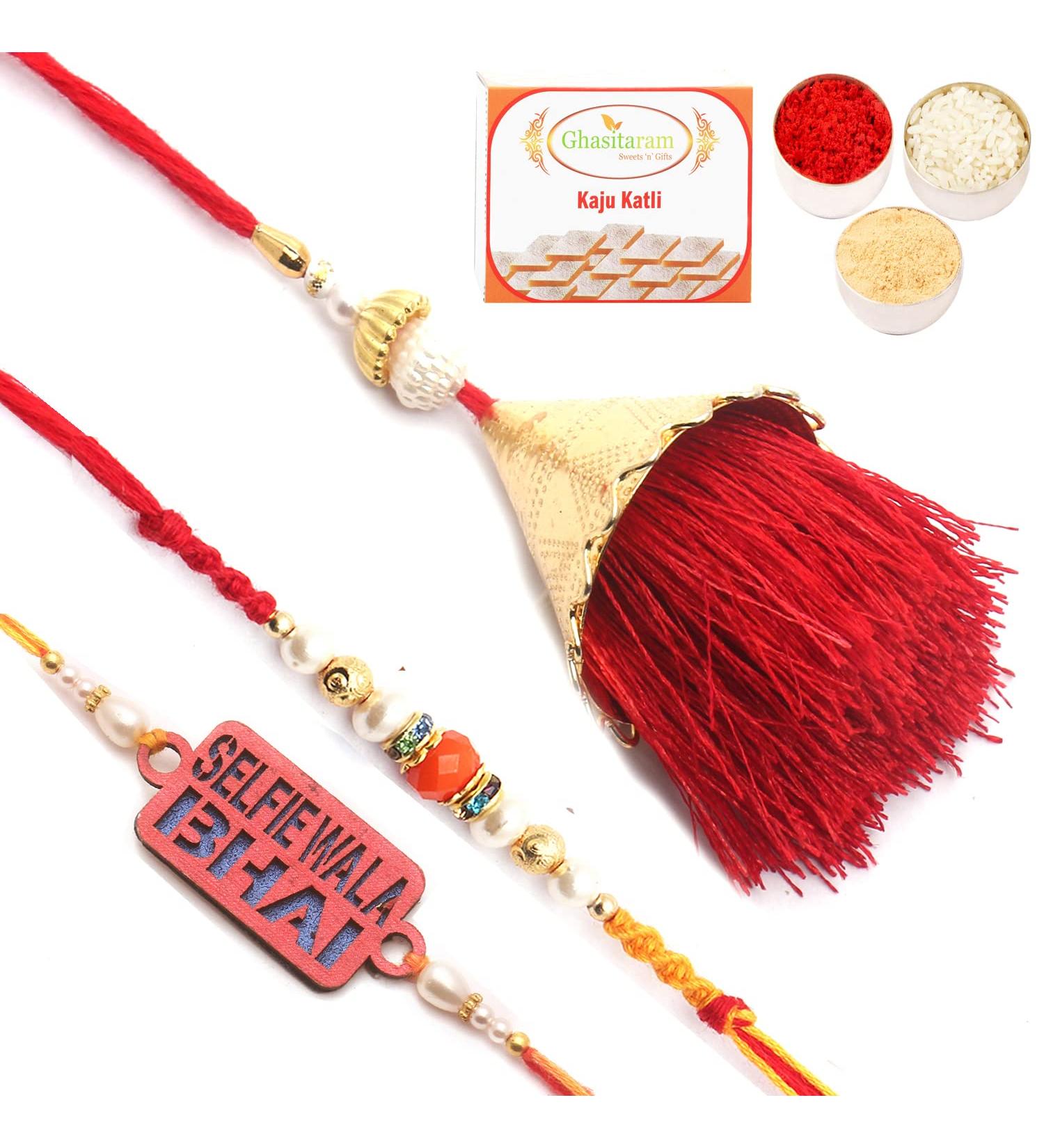 Ghasitaram Gifts Rakhi for Brother Rakhis Online - Set of 3 Bong of Blessings Bhaiya Bhabhi Rakhi and Selfiewala Bhai Kids Rakhi with 400 GMS of Kaju katli - Buy Online on GoSupps.com