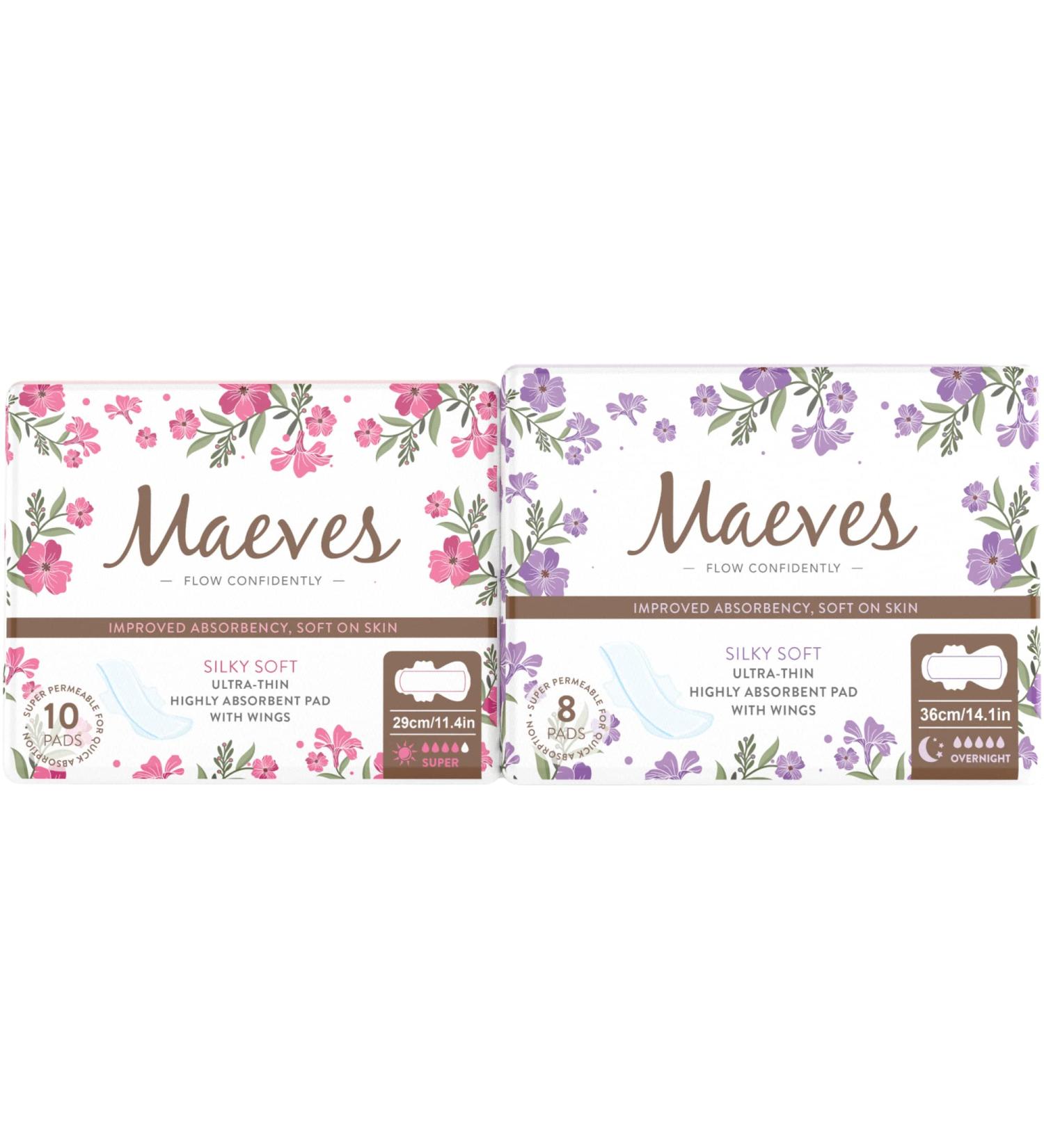Maeves Ultra Thin Sanitary Pads for Women - 18 Count, Silky Soft & Highly Absorbent with Wings, 2 Absorption Levels for Heavy & Overnight Flows (Super + Overnight) - Buy Online on GoSupps.com