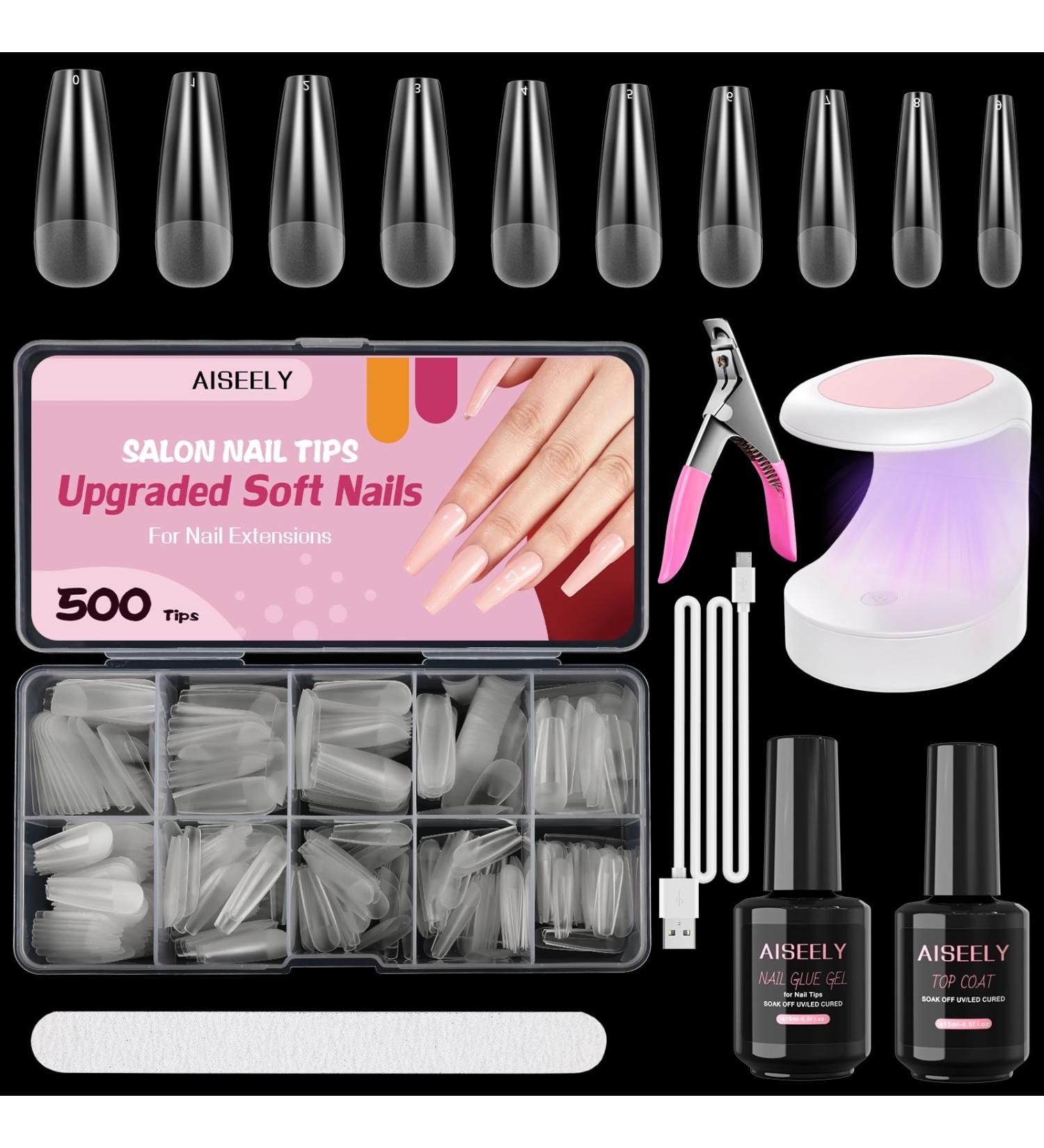 AISEELY Gel Tips Nail Extension Kit - 500pcs Clear Nail Tips, Glue Gel, Base Coat, LED Lamp, Acrylic Clipper - DIY Manicure Set - Buy Online on GoSupps.com
