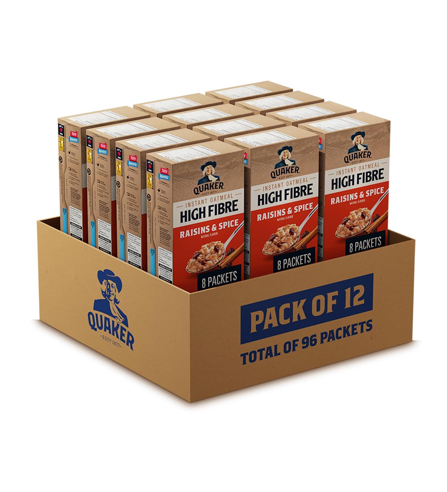 Quaker High Fibre Raisins & Spice Instant Oatmeal 344g (12 Boxes 96 Packets) - Buy Online on GoSupps.com