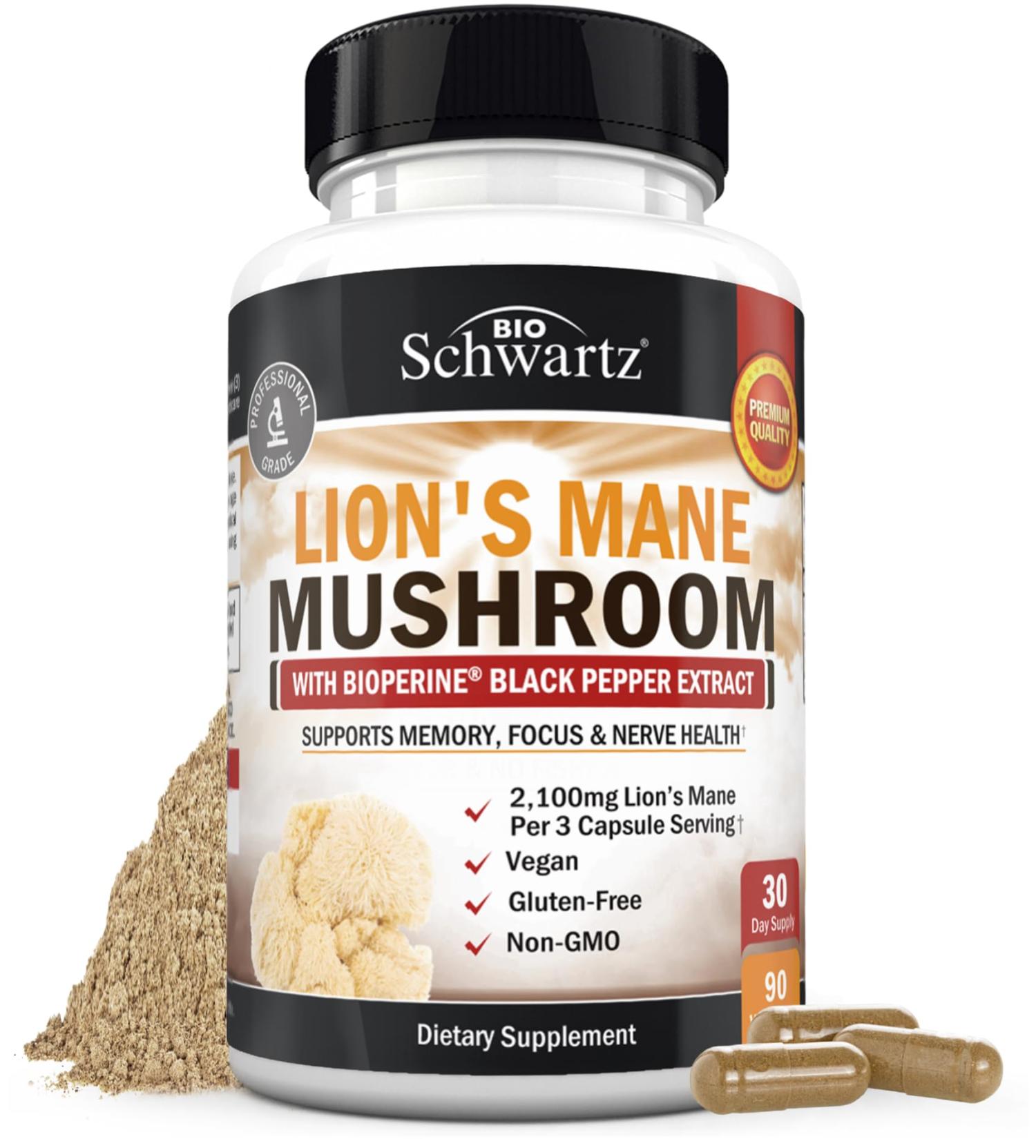 BioSchwartz Organic Lions Mane Supplement Capsules (90 Count) 2100mg Lions Mane Mushrooms with BioPerine for Max Absorption Active Compound Verified Nootropic Brain Supplements for Memory and Focus 90 Count (Pack of 1) - Buy Online on GoSupps.com