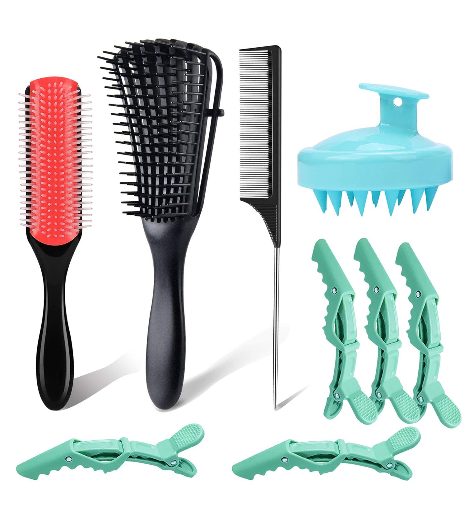 Detangling Brush Set for Curly Hair with Scalp Massager and Rat Tail Comb - Includes 5 Hair Clips - for Women, Men, Kids - Wavy, Natural, Thick, Thin, Wet Hair - Nylon Bristles - Styling Brush - Buy Online on GoSupps.com
