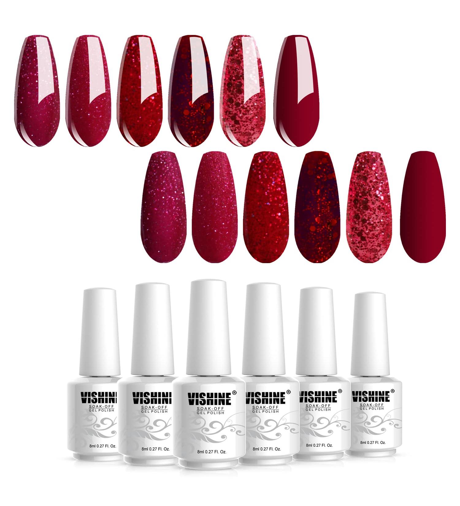 Vishine Red Glitter Gel Nail Polish Set - 6 Burgundy Soak Off Colors for UV LED Manicure - Buy Online on GoSupps.com
