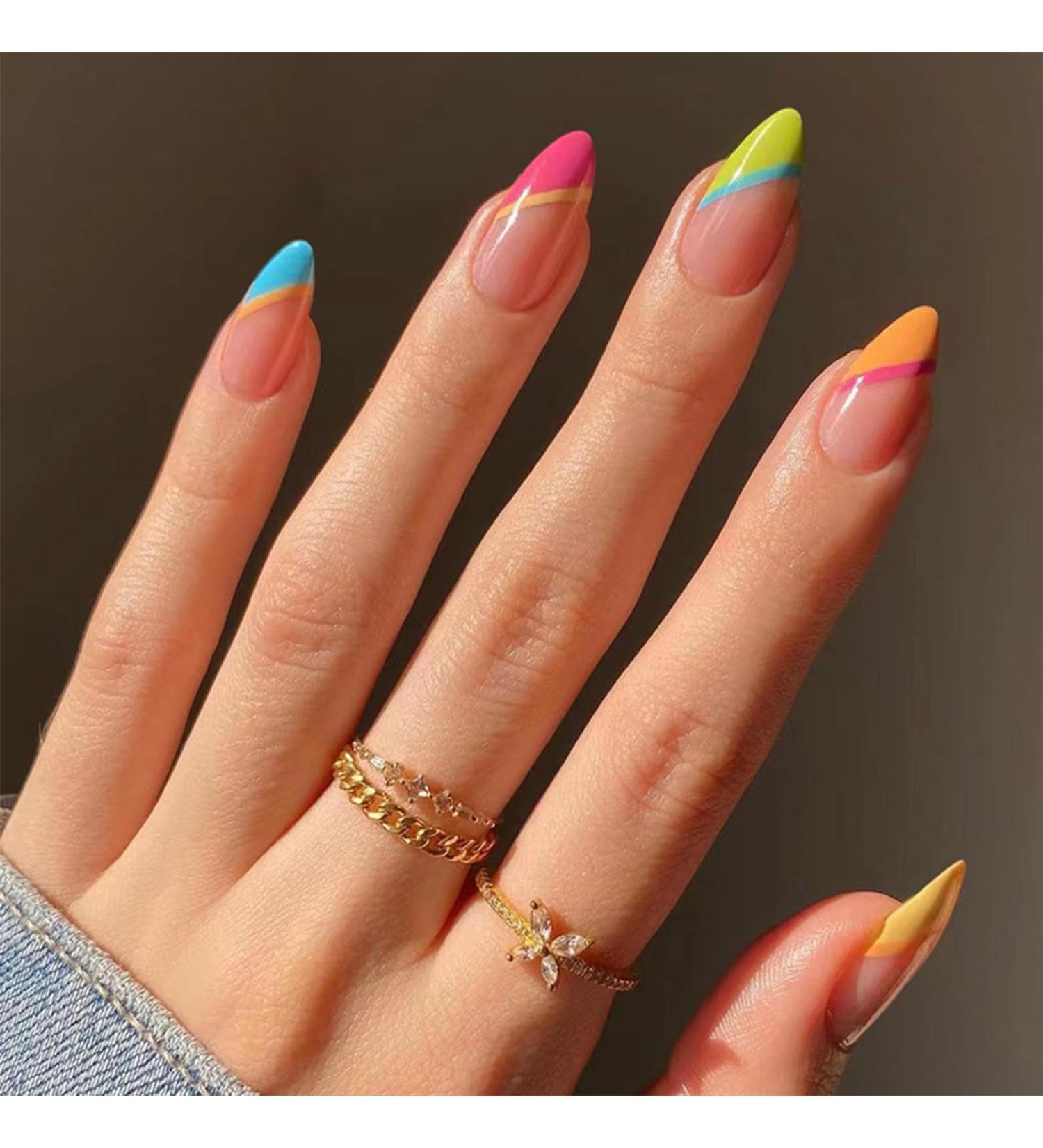 24pcs Almond Press on French False Nails Set with Glue - Multicolor Full Cover Acrylic Fake Nails for Women and Girls Nail Art - Buy Online on GoSupps.com