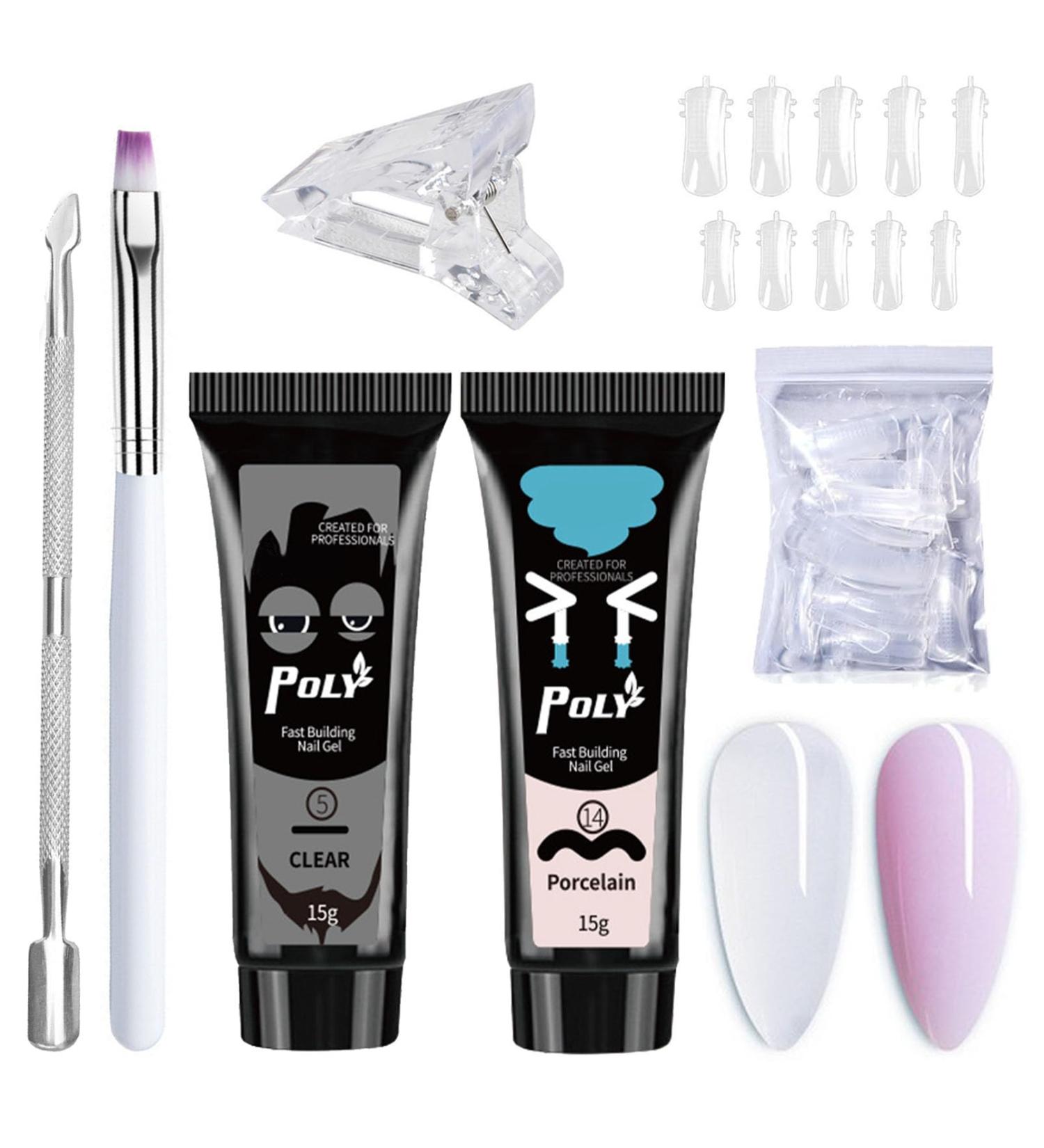 DMQ Builder Gel for Nails 2Pc Poly Gel Nail Kit - Clear Nude Pink Extension Set with Forms, Brush, Cuticle Remover - DIY At Home Manicure - Buy Online on GoSupps.com
