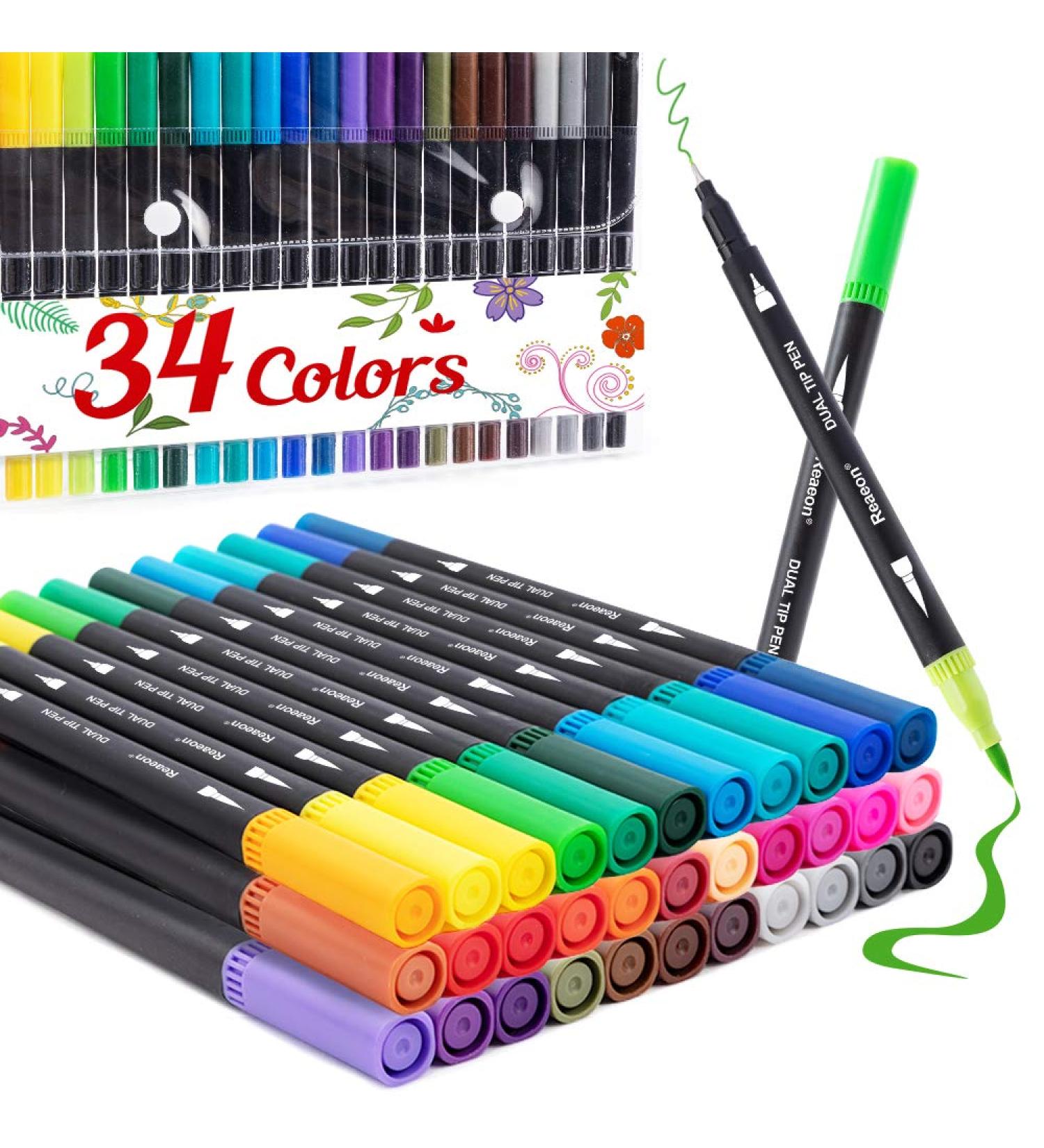 34 Dual Brush Tip Coloring Markers for Adults - Fine Tip Calligraphy Pens for Journaling, Drawing, and Doodling - Buy Online on GoSupps.com