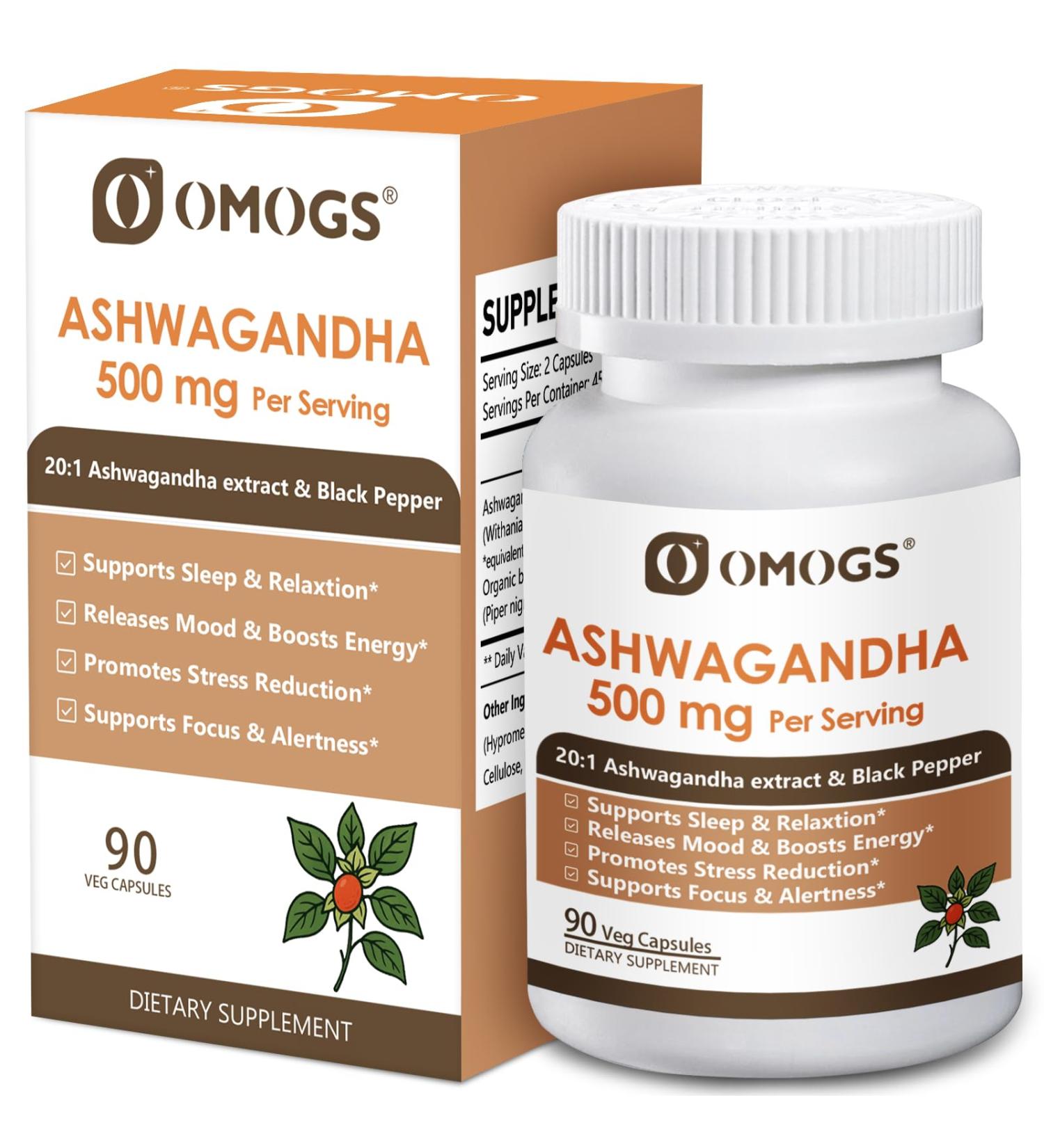 OMOGS Organic Ashwagandha Pure Herb Extract Added Black Pepper High Absorption for Boosts Energy Sleep Focus Stress Relief.& Immune Support Non-GMO 90 Vegetable Capsules - Buy Online on GoSupps.com