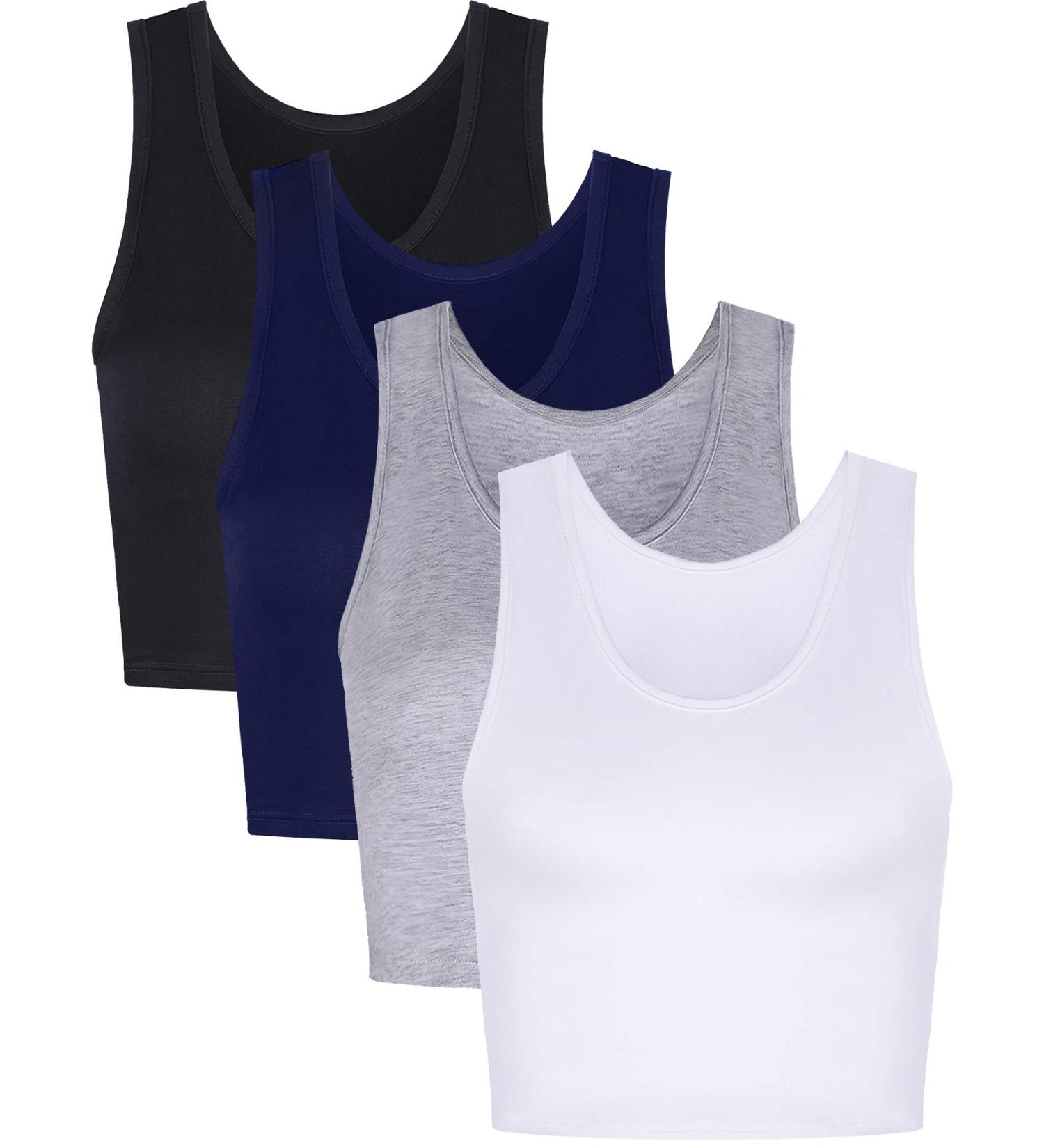 4-Piece Women's Basic Crop Tank Top Set - Short Sleeve Sports Crop Tops in Black, White, Gray, Navy (Medium) - Buy Online on GoSupps.com