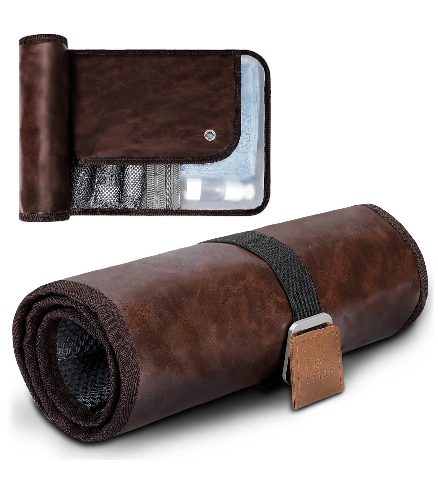 Men's Travel Toiletry Bag - Water-Resistant Roll Organizer for Hygiene and Shaving Kit - Chic Brown PU Leather - Gift Idea - Buy Online on GoSupps.com