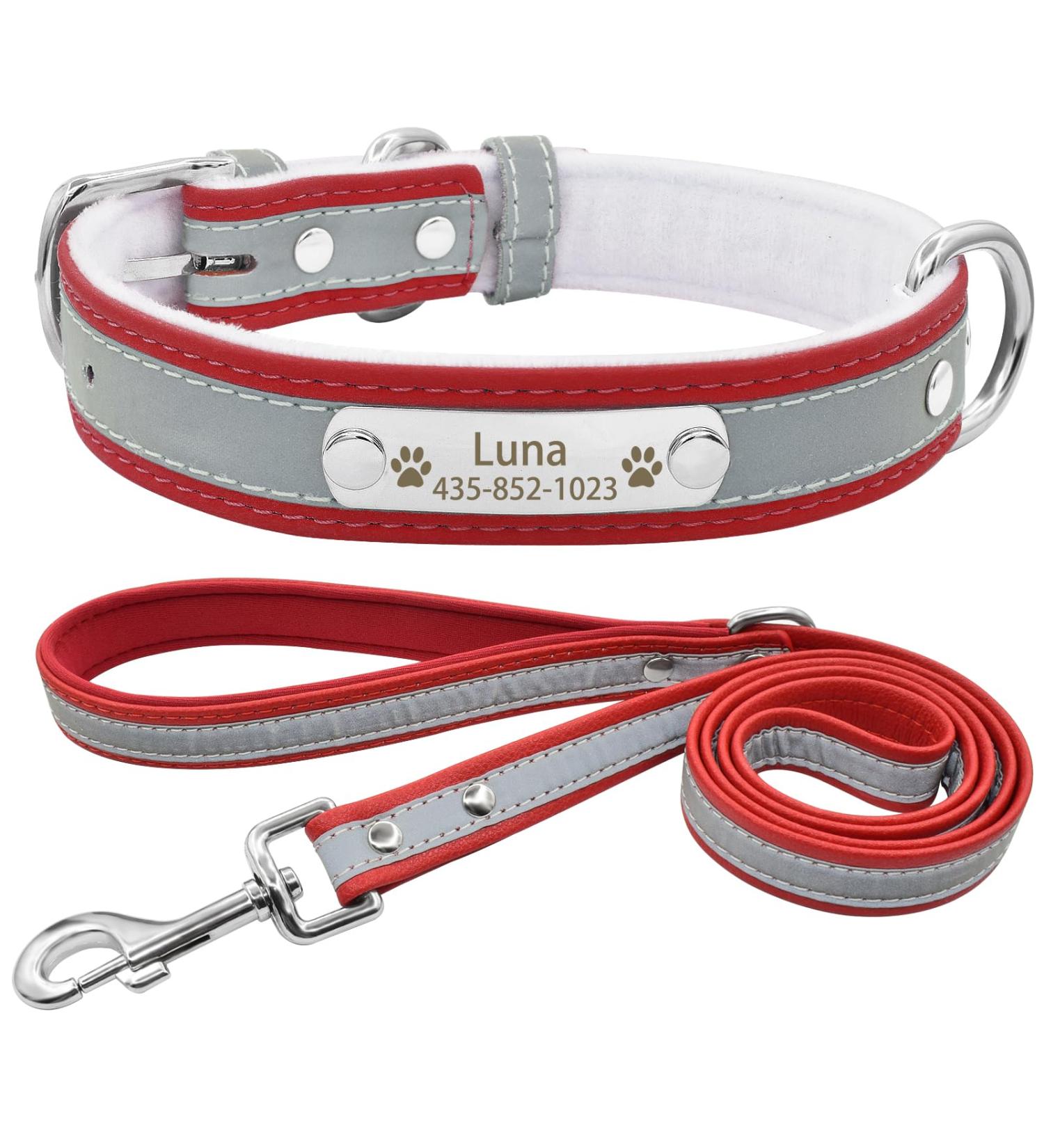 Senristar Personalized Reflective Dog Collar & Leash Set | Custom Engraved Name Tape for Small Medium & Large Dogs & Cats | Red (1.5cm Width 25-32cm Neck) - Buy Online on GoSupps.com