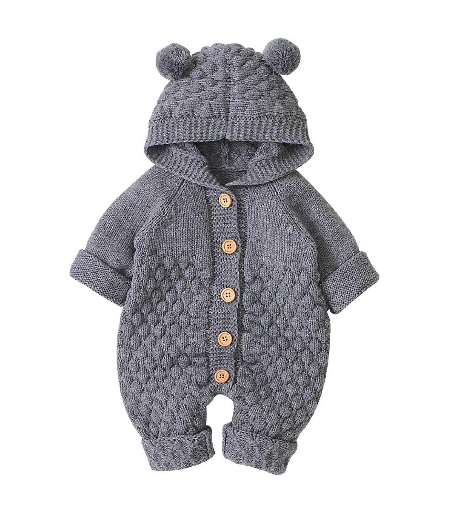 Haokaini Newborn Baby Winter Romper 12-18 Months Grey - Ear Hooded Knitted Snowsuit - Buy Online on GoSupps.com