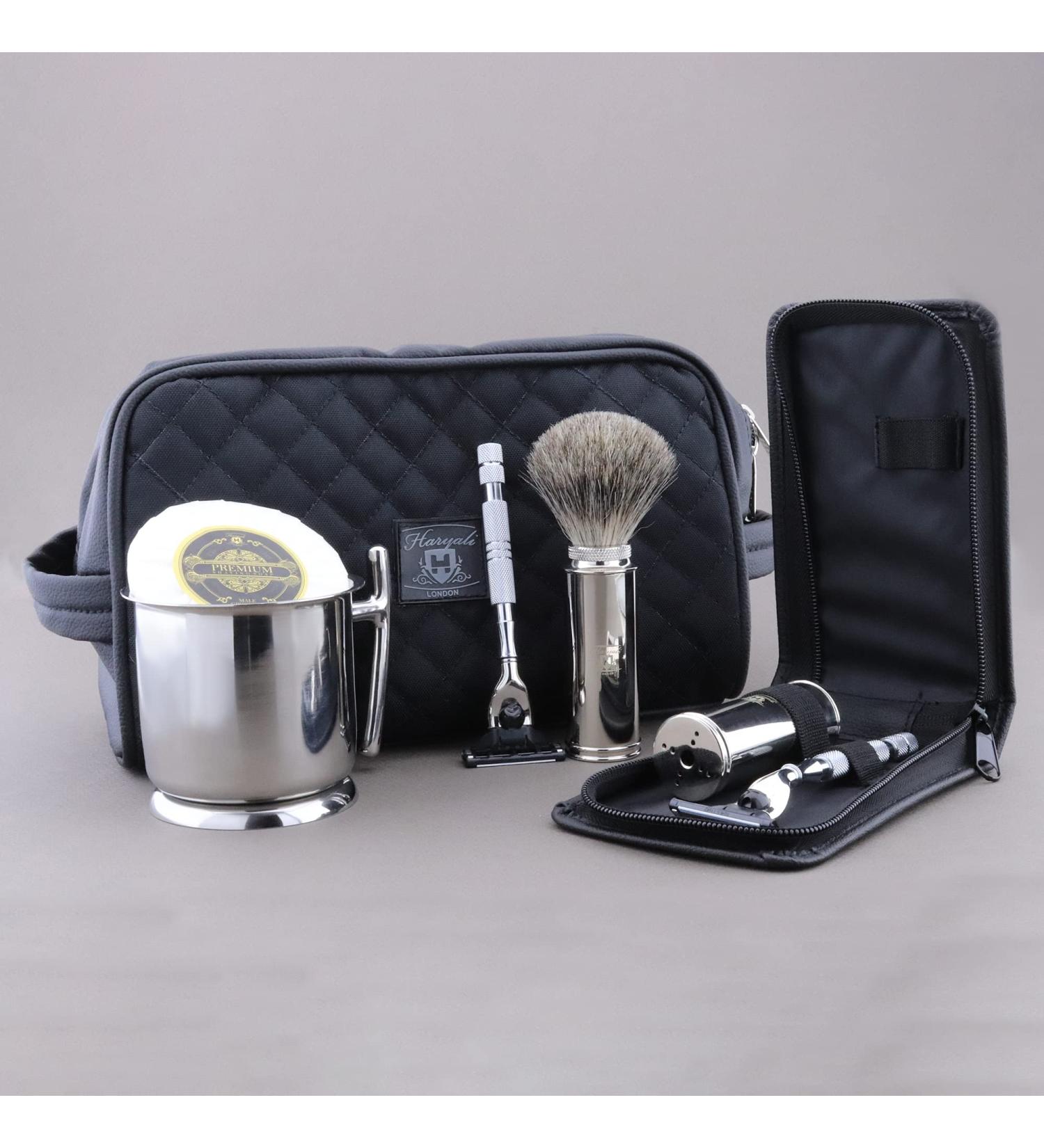 Travel razor set with leather culture bag and bag travel protection 3 razor razor brush made of roof hair soap and stainless steel bowl