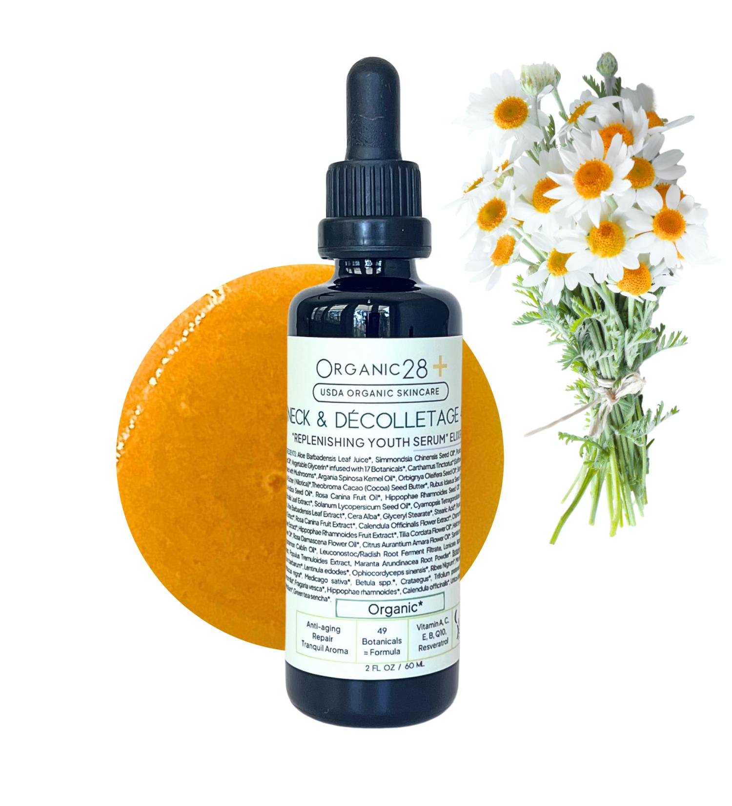 Organic28+. 100% Organic Neck & D colletage Serum - USA Made. 49 Botanicals. Neck Firming and Tightening Moisturizer. Linden Blossom Aromatherapy. Neck & Chest Firming Age Renew Cream.2 Fl. Oz. - Buy Online on GoSupps.com