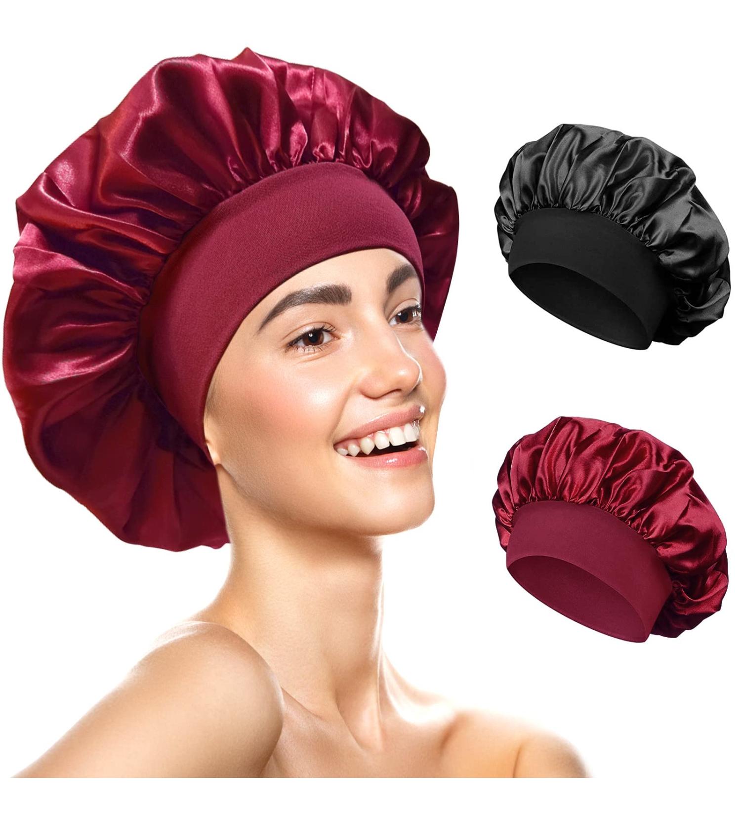 Redamancy Satin Bonnet Set - Reusable Silk Hair Hoods for Women & Girls | Nighttime Sleep Protection (Black & Red) - Buy Online on GoSupps.com