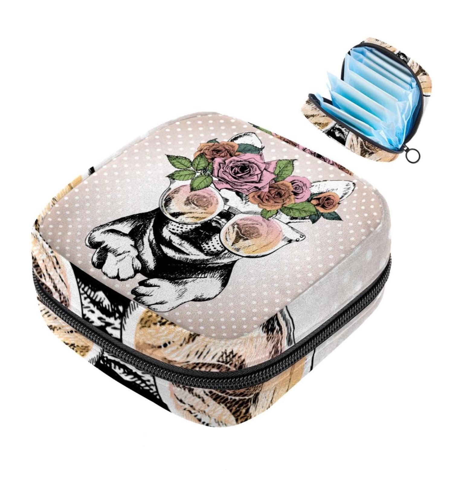 Portable Storage Bags for Women's Bandages - Hand-Drawn Pug Design with Flowers | Multi-Color Menstrual Sheet Holder & Tampon Organizer - Buy Online on GoSupps.com