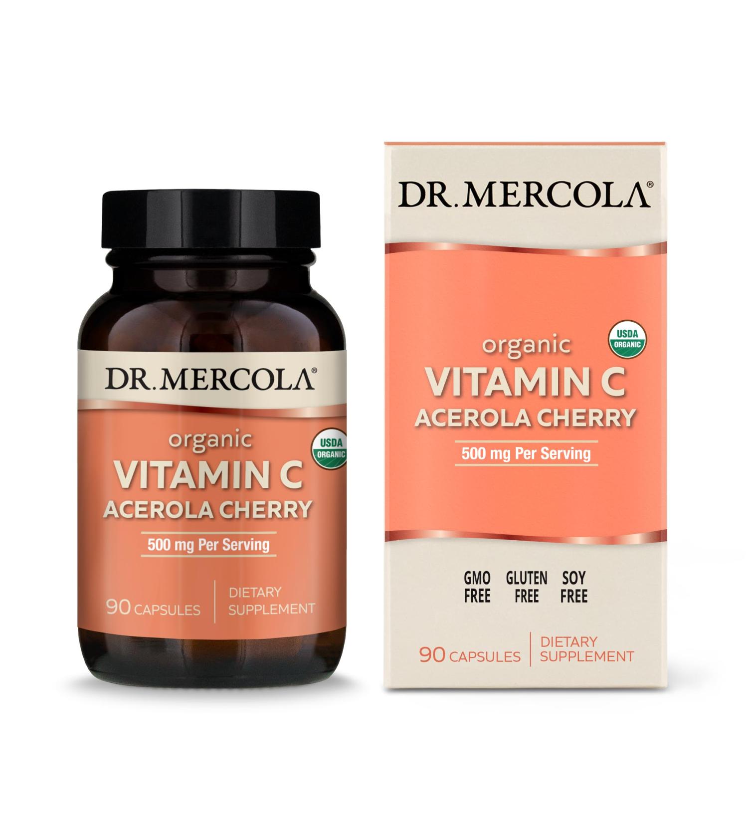 Dr. Mercola Organic Vitamin C Acerola Cherry 500mg | Immune Support | USDA Organic | 90 Capsules - Buy Online on GoSupps.com